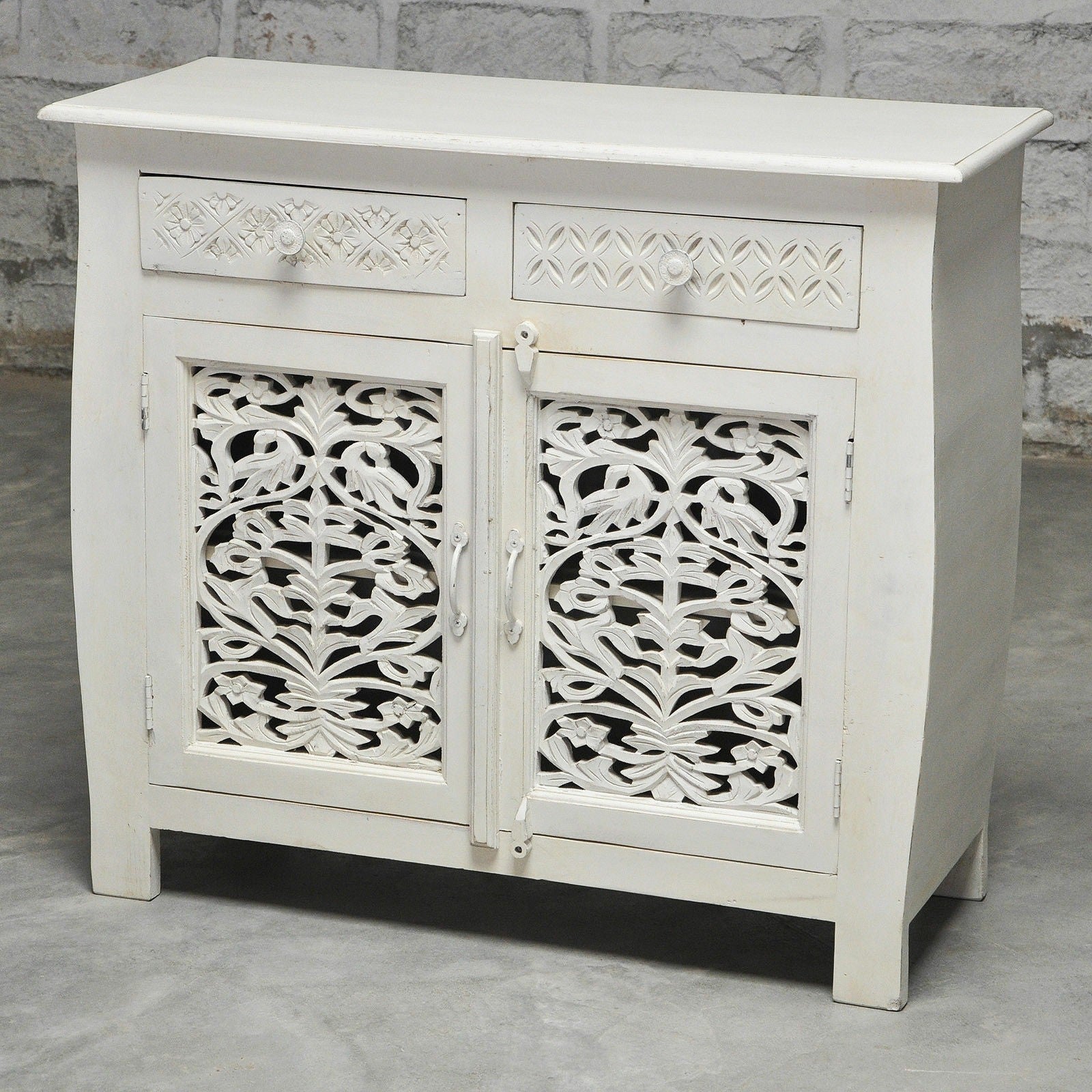 French Colonial Solid Wood Jali Carved Sideboard - White Vintage Buffet Cabinet for Dining Room, Living Room & Entryway Storage