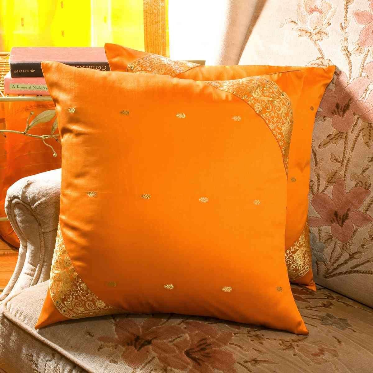 Handmade Sari Cushion Covers Set of 2 - Earthy Mustard Boho Pillow Covers with Zipper | 20x20 Inch Indian Sari Throw for Sofa, Bed & Home Decor | Eco-Friendly Ethnic Living Room & Bedroom Accent Pillows