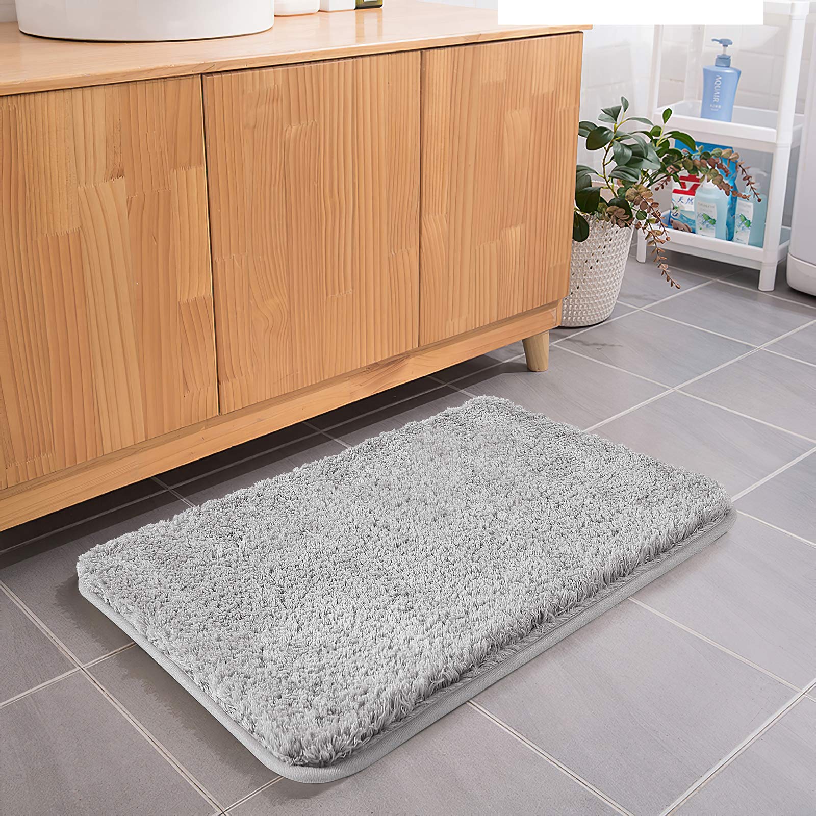 Non-Slip Soft Shaggy Bath Rug 40x24 Inch - Water Absorbent Bathroom Carpet & Kitchen Floor Mat - Machine Washable Rectangular Runner - Light Gray - Perfect for Bathroom, Shower, and Kitchen Safety