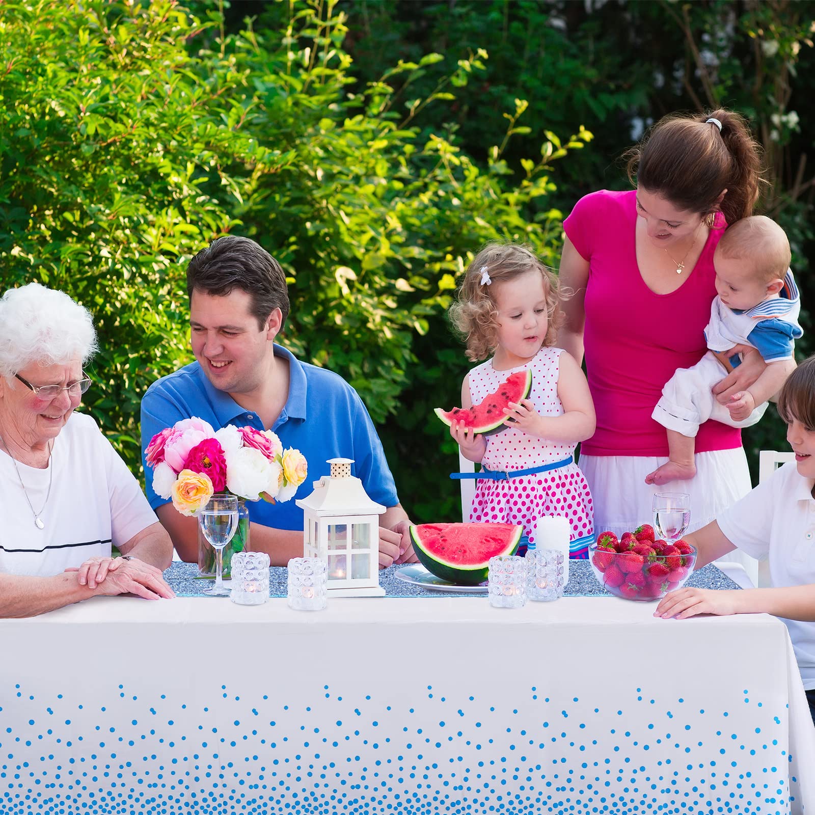 Polka Dot Sequin Table Runner & Plastic Tablecloth Set - Glitter Confetti Table Cover for Birthday, Wedding, Anniversary Party Decor (White & Blue, 2-Piece) | Perfect for Dining Tables, Buffets, and Special Event Centerpieces