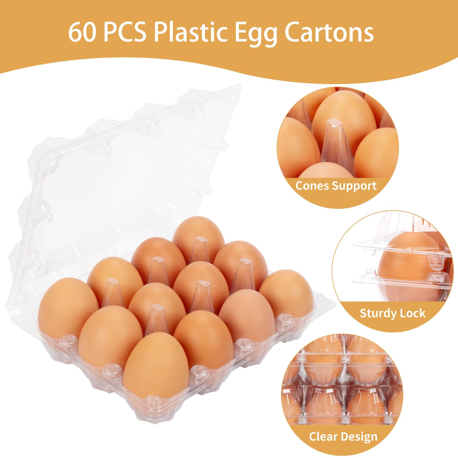60 Pack Clear Plastic Egg Cartons - 1 Dozen Reusable Empty Egg Containers for Chicken Eggs | Bulk Farm & Commercial Use | Durable 3x4 Grid Design | Perfect for Home Chicken Coops, Farmers Markets & Grocery Store Displays