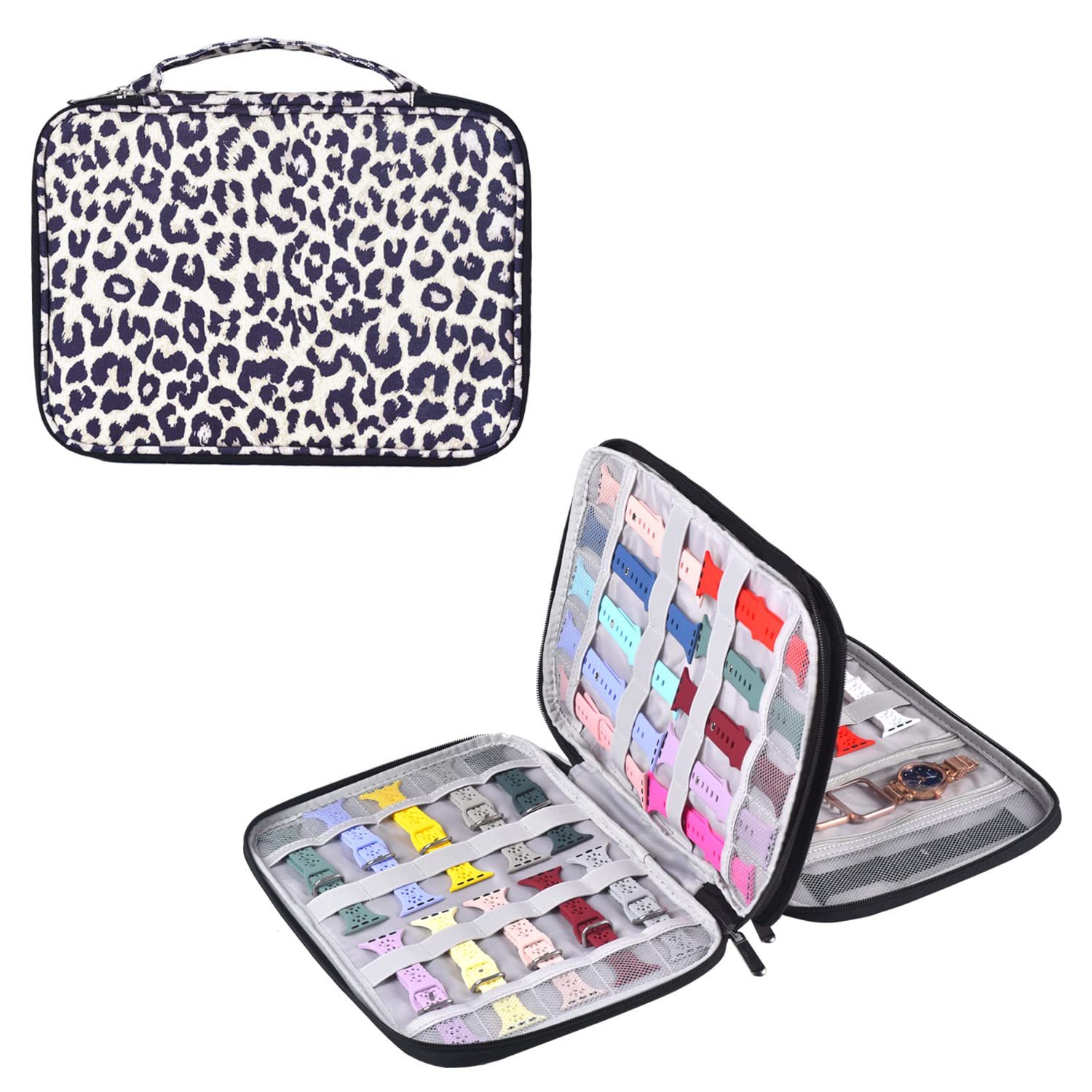 Leopard Print Watch Band Storage Case & Organizer - Holds 35 Watch Straps & Accessories | Perfect for Travel, Collection Display & Watch Enthusiasts