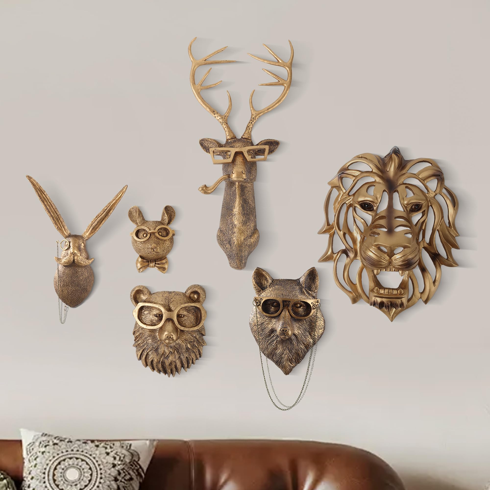 5 Pack Gold Animal Head Wall Decor - Modern Sculpture for Home, Office, Bedroom | Unique Gift for Men & Women | Perfect for Farmhouse, Rustic & Contemporary Interior Design