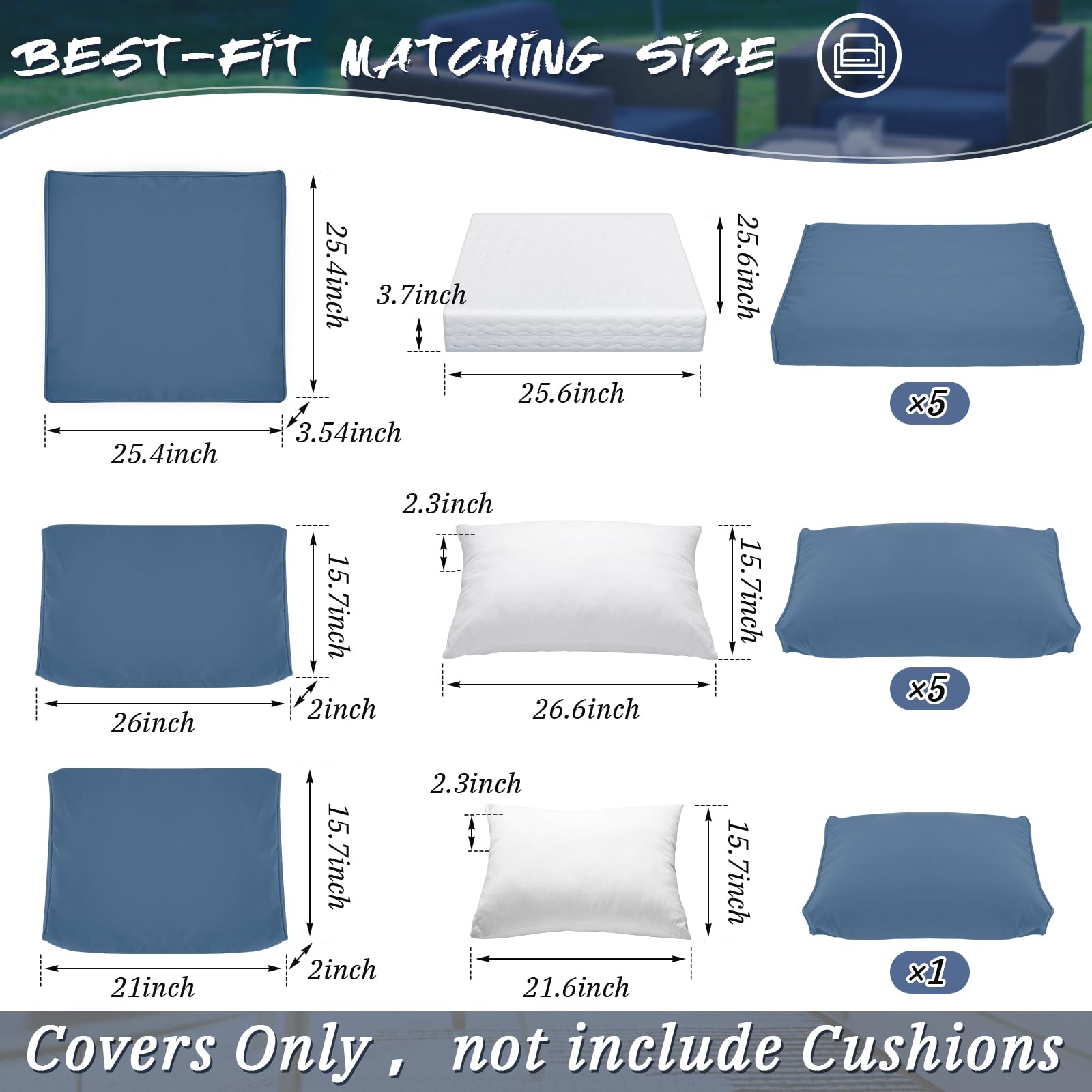 Patelai 11-Piece Outdoor Sectional Cushion Covers - Waterproof Patio Furniture Slipcovers for Sofa & Couch (Cornflower Blue, 3 Sizes) - Perfect for Backyard, Deck, Poolside & Garden Furniture Protection