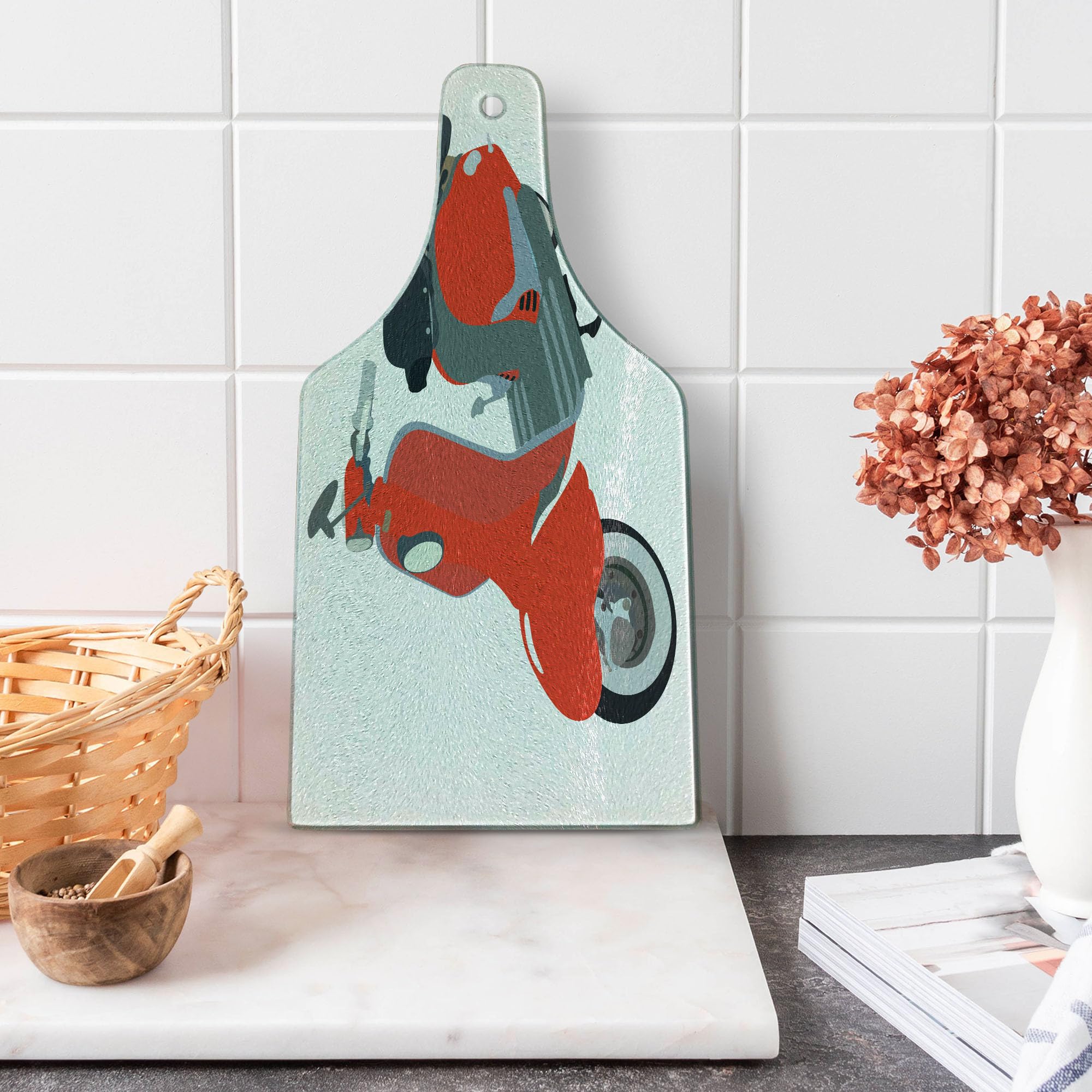 Vintage 1960s Scooter Doodle Tempered Glass Cutting Board - Retro Motorcycle Urban Cartoon Design, Decorative Serving Tray in Wine Bottle Shape (Vermilion/Grey/White) - Perfect for Kitchen Decor, Cheese Charcuterie Boards & Wine Parties