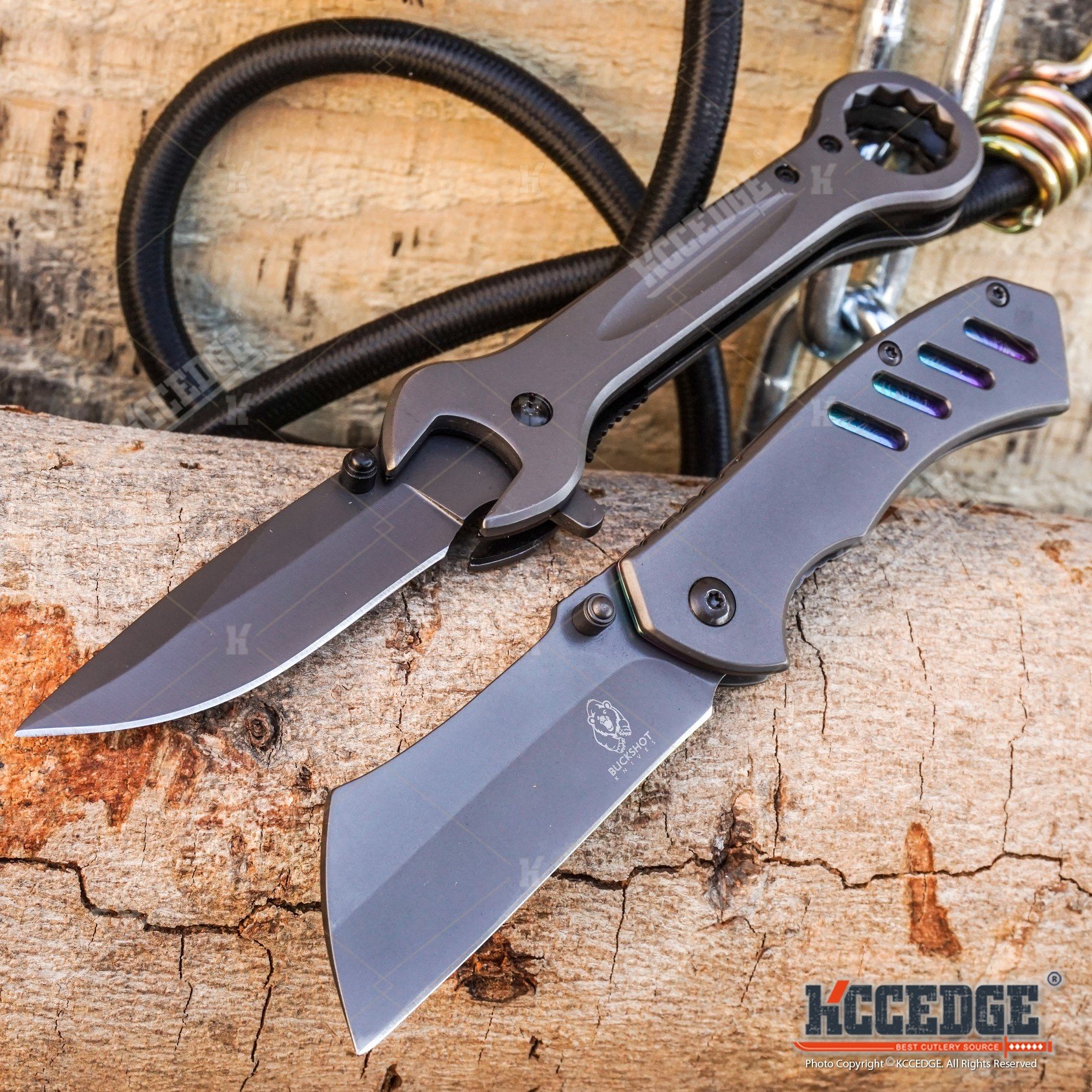 BUCKSHOT KNIVES Little Cleaver Combo - 2-Piece Grey EDC Pocket Knife Set with Assisted Opening Mini Folding Cleaver (6.5