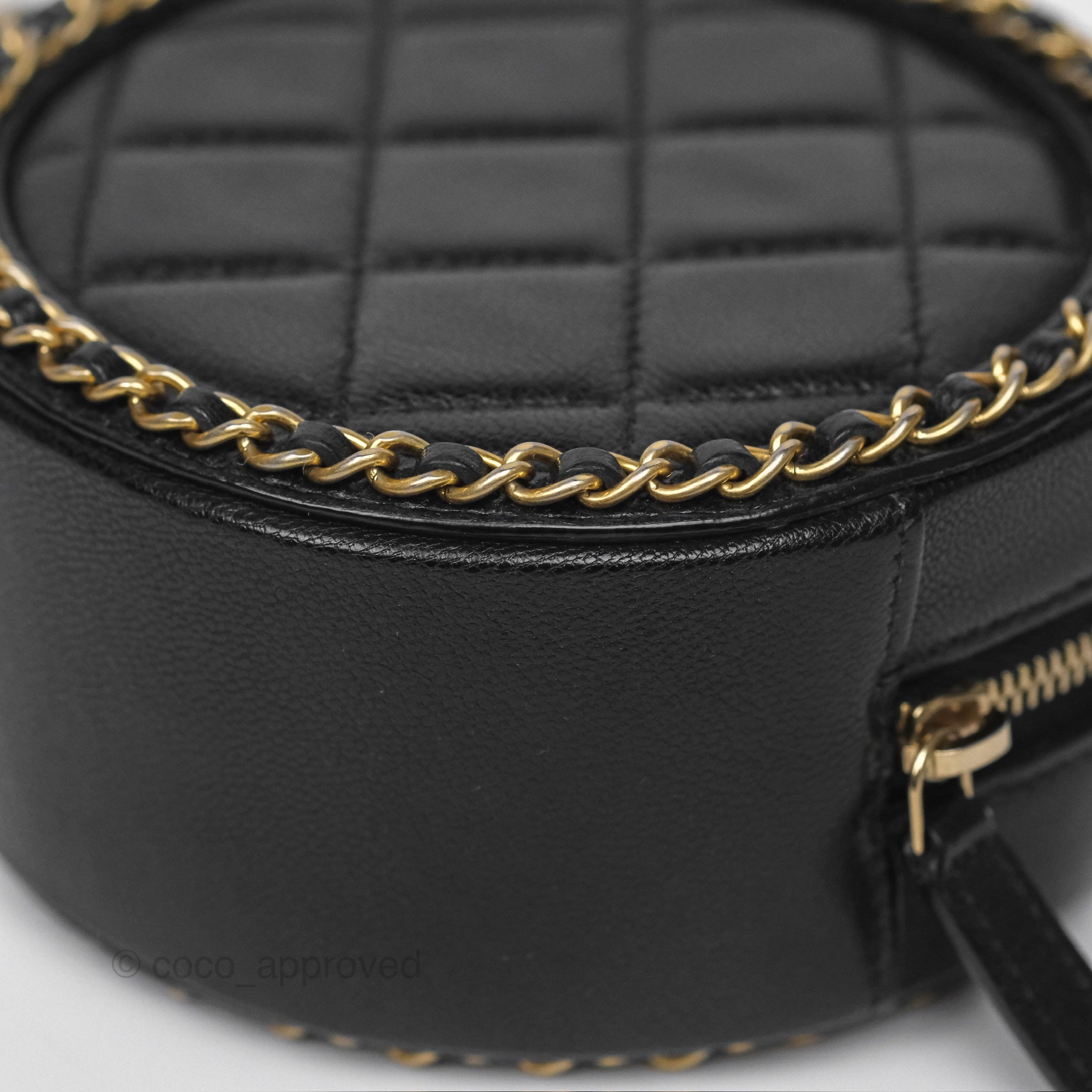 Chanel Black Lambskin Chained Round Filigree Clutch with Gold Hardware - Elegant Evening Bag for Parties, Weddings & Special Occasions