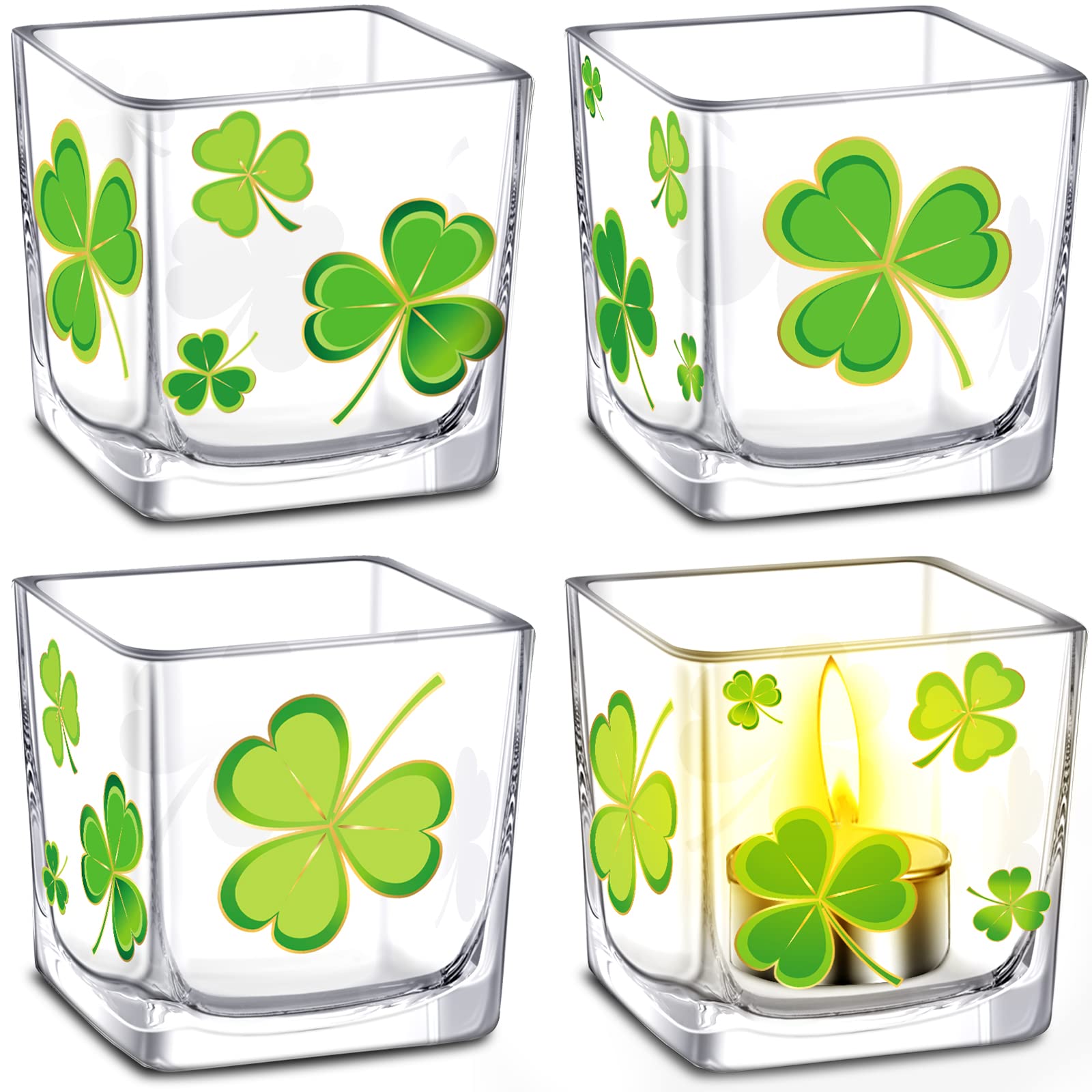 Eaasty 4-Piece St. Patrick's Day Candle Holder Set - Shamrock & Irish-Themed Glass Square Candle Holders for Table Decor, Party Centerpieces, and Home Celebration (Green Holiday Decorations)