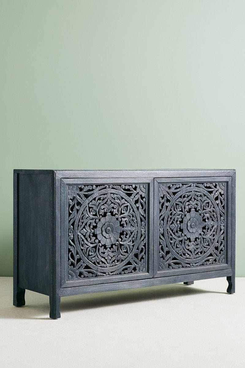 Hand Carved Lombok Buffet Indigo Color - Handmade Sideboard Cabinet | Solid Wood Indian Furniture for Dining Room & Living Room Storage