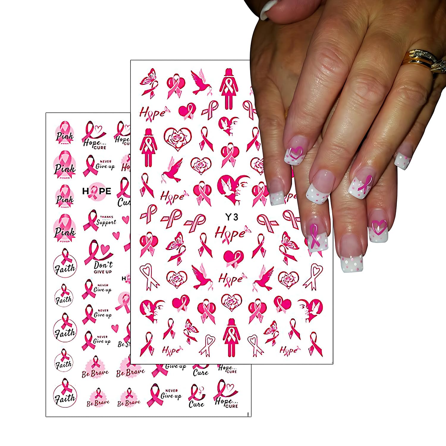 6 Sheets Breast Cancer Awareness Nail Art Stickers - Pink Ribbon Heart Designs 3D Self-Adhesive Nail Decals for Women & Girls DIY Manicure (Perfect for Breast Cancer Awareness Events, Fundraisers & Supportive Nail Art)
