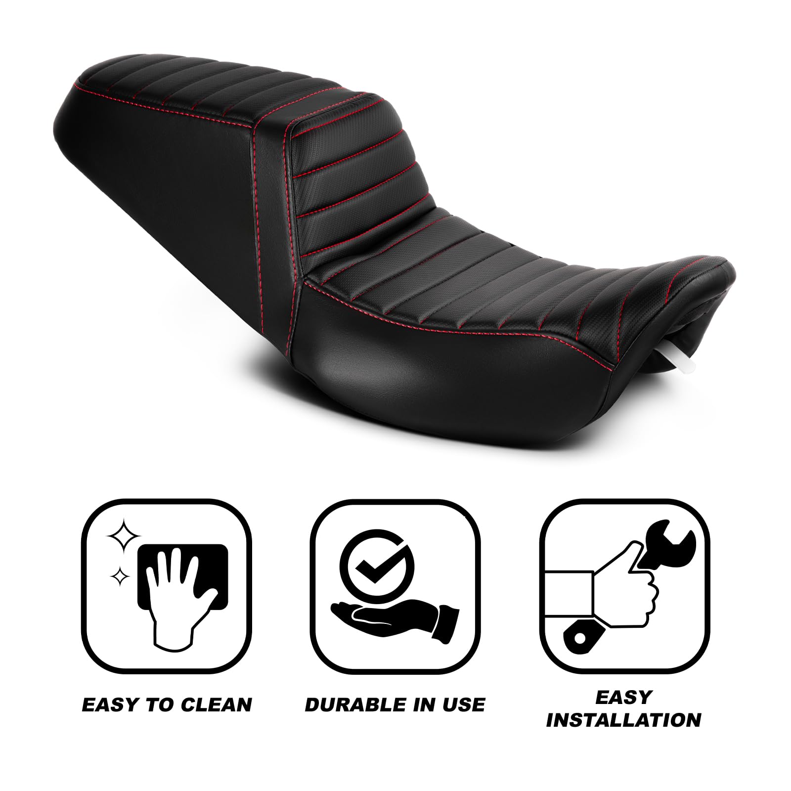 Premium One-Piece Driver & Passenger Seat with Red Striped Stitching - Compatible with Harley Touring Road King 1997-2007 & Street Glide 2006-2007 - Comfort Upgrade for Long Rides & Road Trips