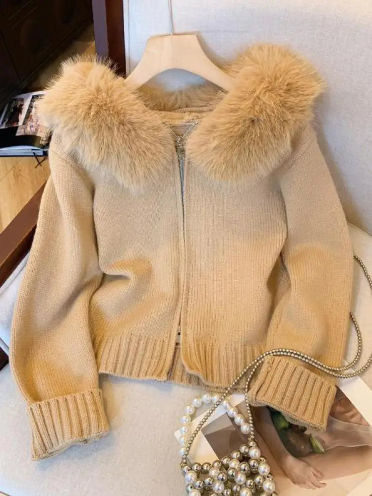Women's Plush Hoodie Cardigan - Korean Fashion Winter Sweater with Zipper | Soft Cotton Knit Coat for Casual Wear & Vacation | Warm Thick Tops for Fall & Winter Seasons