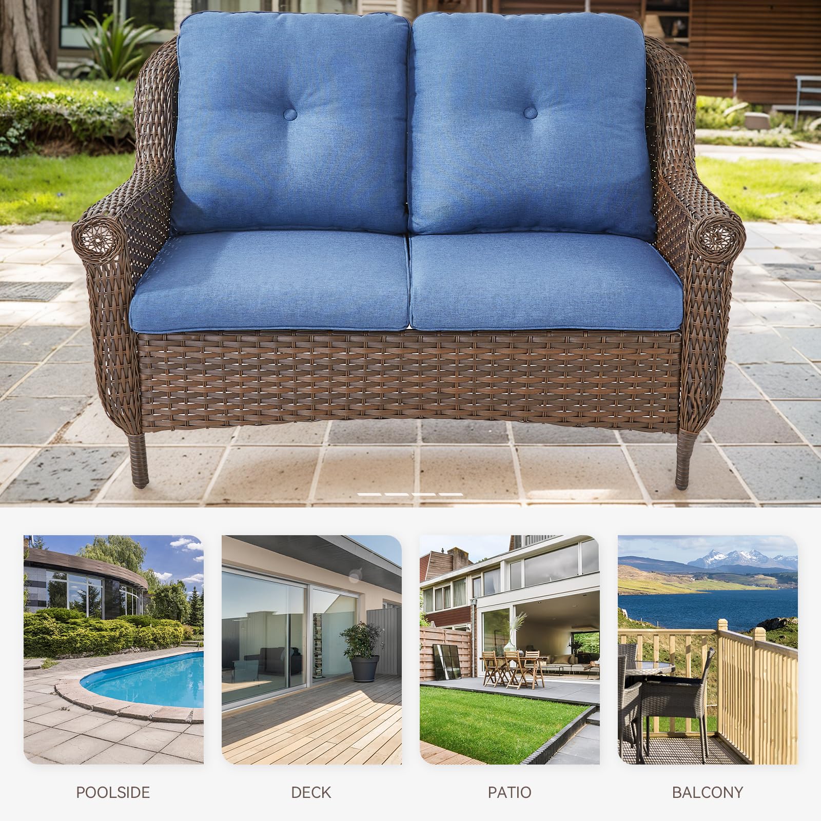 Brown Rattan Loveseat Outdoor Sofa with Water-Resistant Blue Cushions & Chrysanthemum Armrest - Patio Garden Balcony Backyard Poolside Furniture for Relaxing & Entertaining (1PC)