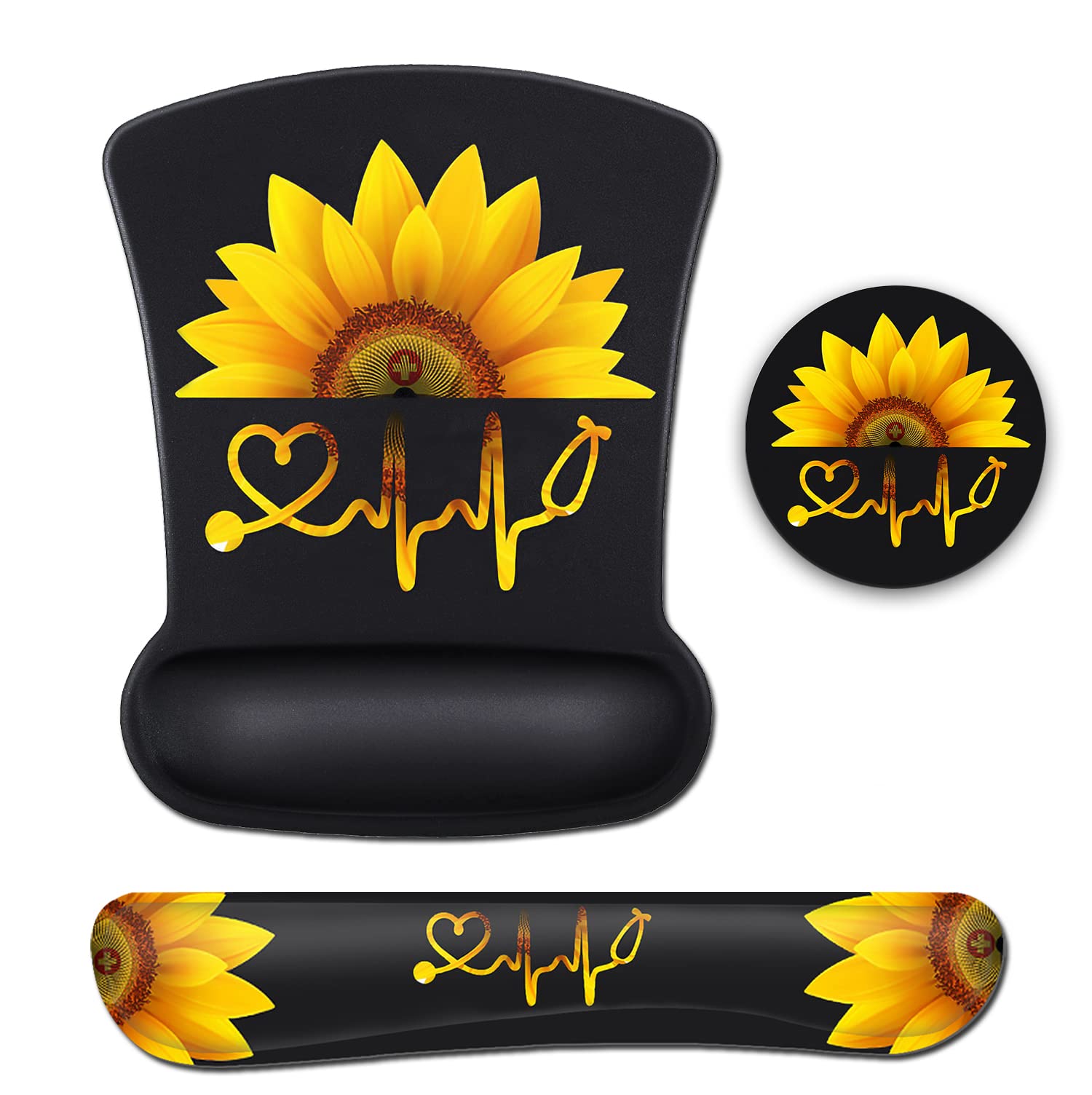 Ergonomic Mouse Pad with Wrist Rest - Non-Slip Rubber Base, Sunflower & ECG Stethoscope Design - Black Office Accessories for Comfortable Computer Work (Perfect for Gaming, Typing & Long Work Sessions)