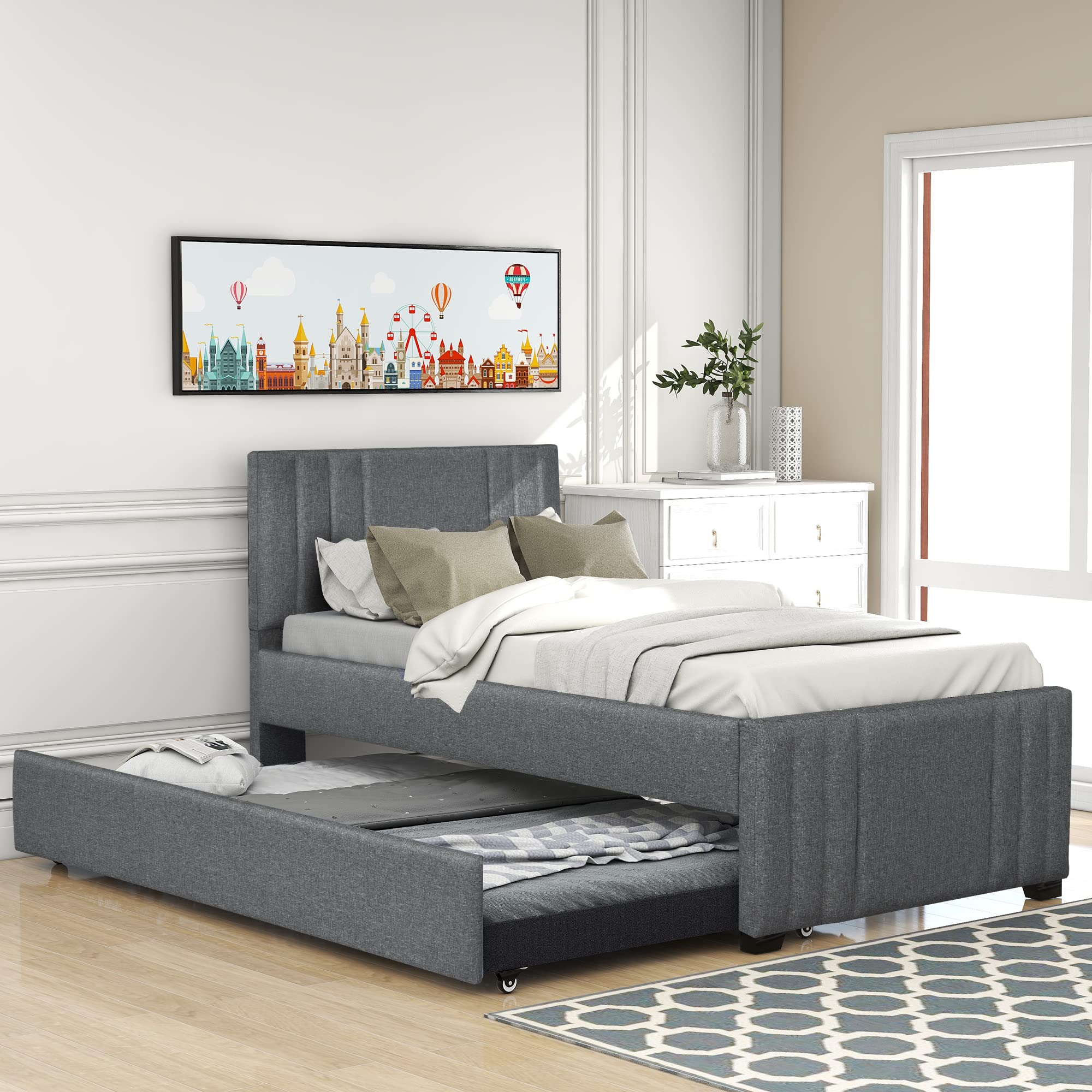 SOFTSEA Twin Upholstered Platform Bed with Headboard & Trundle - Kids Bedroom Furniture for Small Spaces, Sleepovers & Guest Rooms