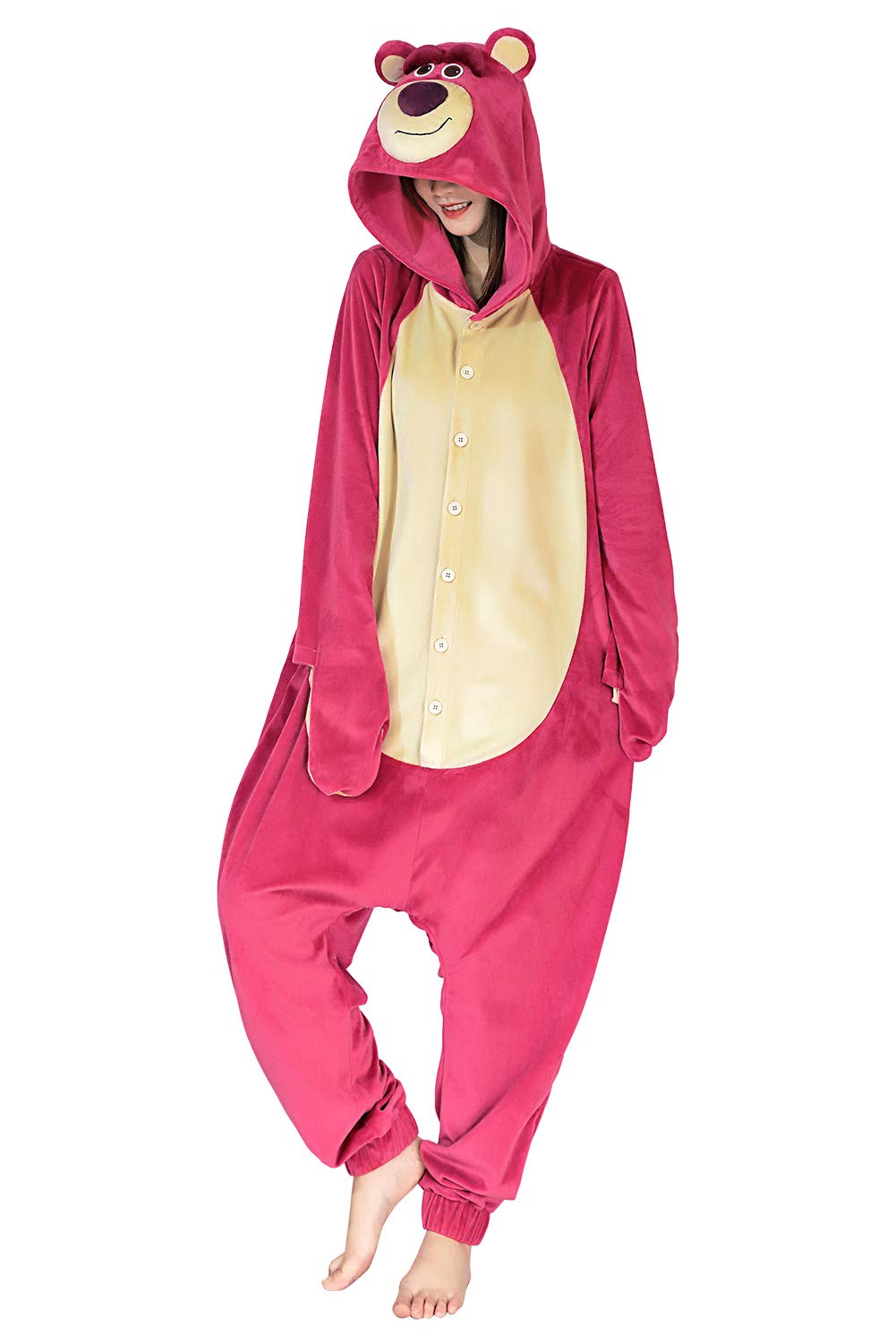 Women's Strawberry Bear Plush Jumpsuit - Cute Huggin Pajama Set for Adult Cosplay & Sleepwear | Perfect for Halloween Costumes, Anime Conventions & Cozy Loungewear