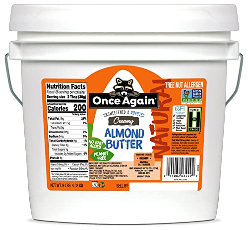 Once Again Natural Creamy Almond Butter, 9lbs - Roasted Salt-Free Unsweetened Almond Butter - Gluten Free, Peanut Free, Vegan, Kosher & Paleo Certified - Perfect for Smoothies, Baking & Healthy Snacks