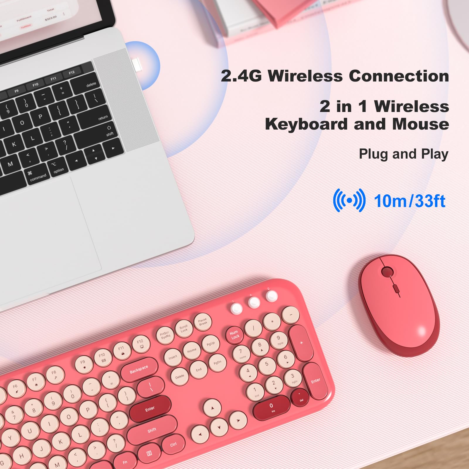 MOFII Retro Wireless Keyboard & Mouse Combo for PC/Laptop - Hot Pink
