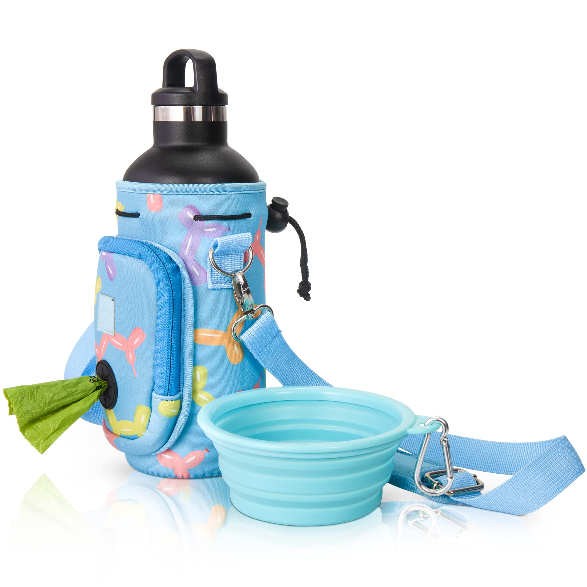 Portable Water Bottle Holder for Dogs with Adjustable Padded Strap & Waste Bag Pocket - 32oz Large Capacity, Includes Collapsible Bowl (Blue Balloon Dog Design) - Perfect for Hiking, Walking, and Outdoor Adventures with Your Pet