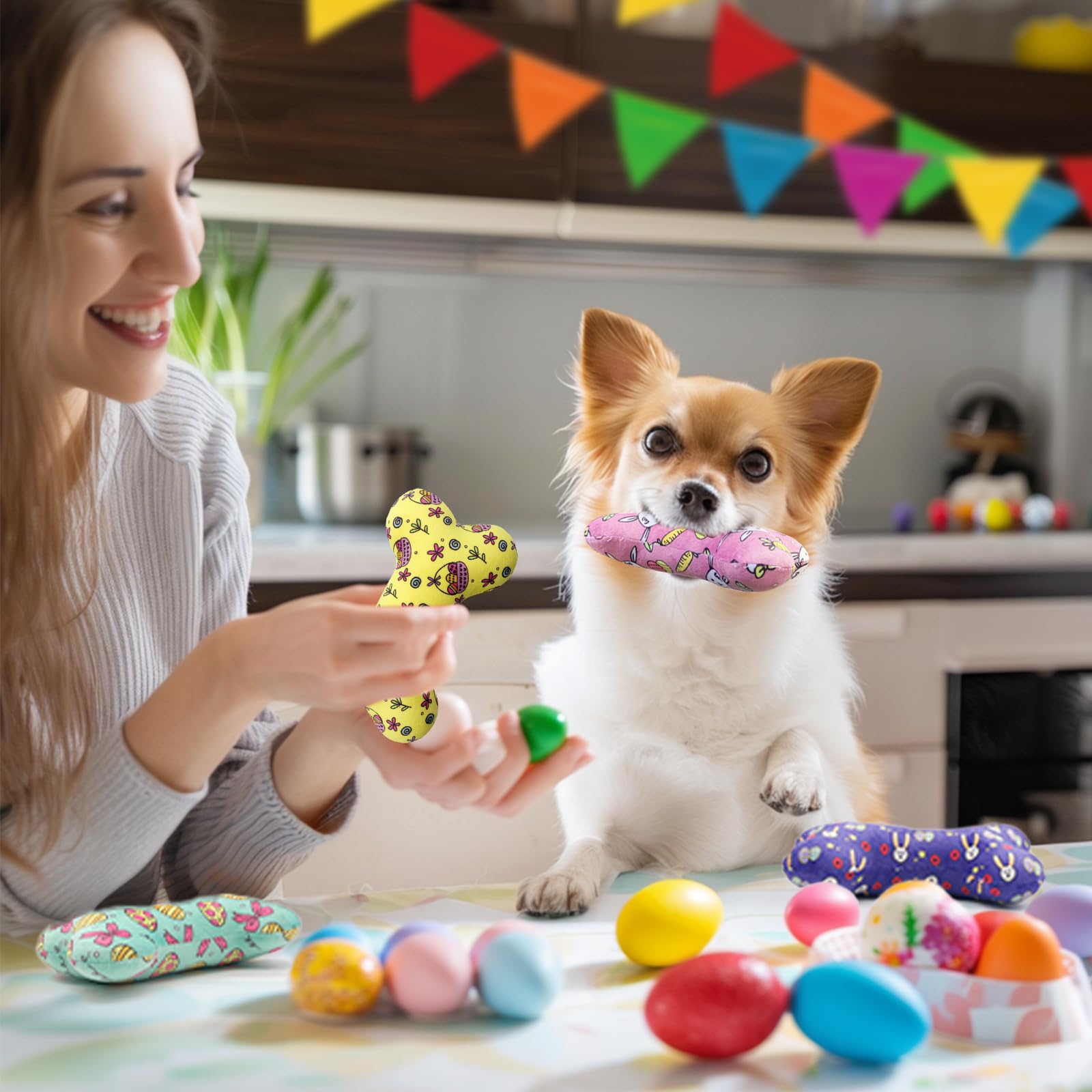 Easter Dog Toys 4 Pack - Plush Squeaky Bone Chew Toys for Small & Medium Dogs - Interactive Pet Gifts for Easter Basket & Spring Playtime