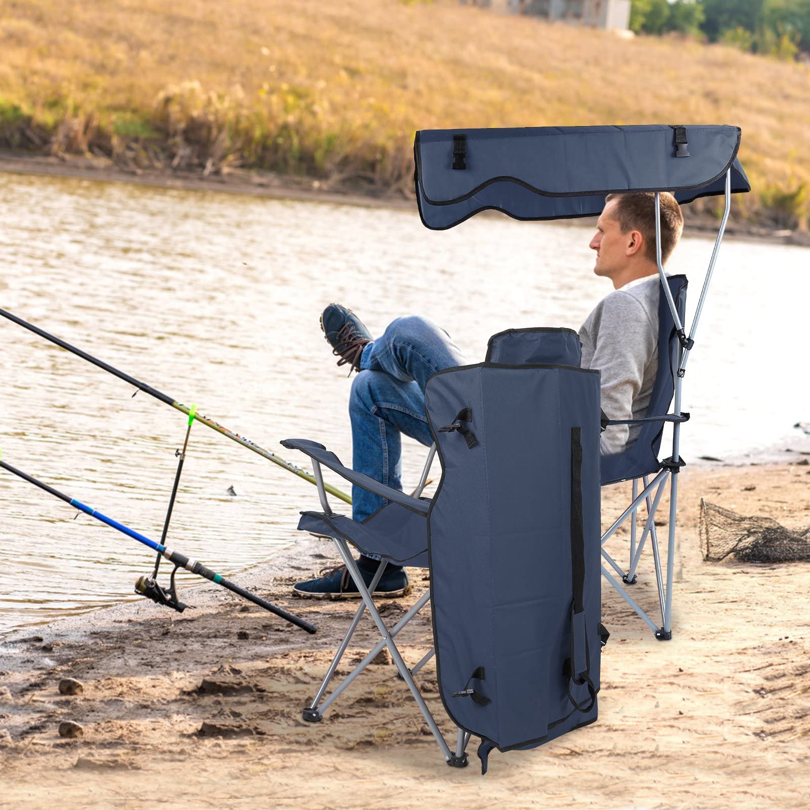 Foldable Beach Canopy Chair with Sun Shade - Heavy Duty Camping Chair with Cup Holder for Outdoor, Beach, Park, and Patio Use - Navy Blue Portable Sun Protection Canopy for Relaxing in Backyard, Picnics, and Summer Camping Trips