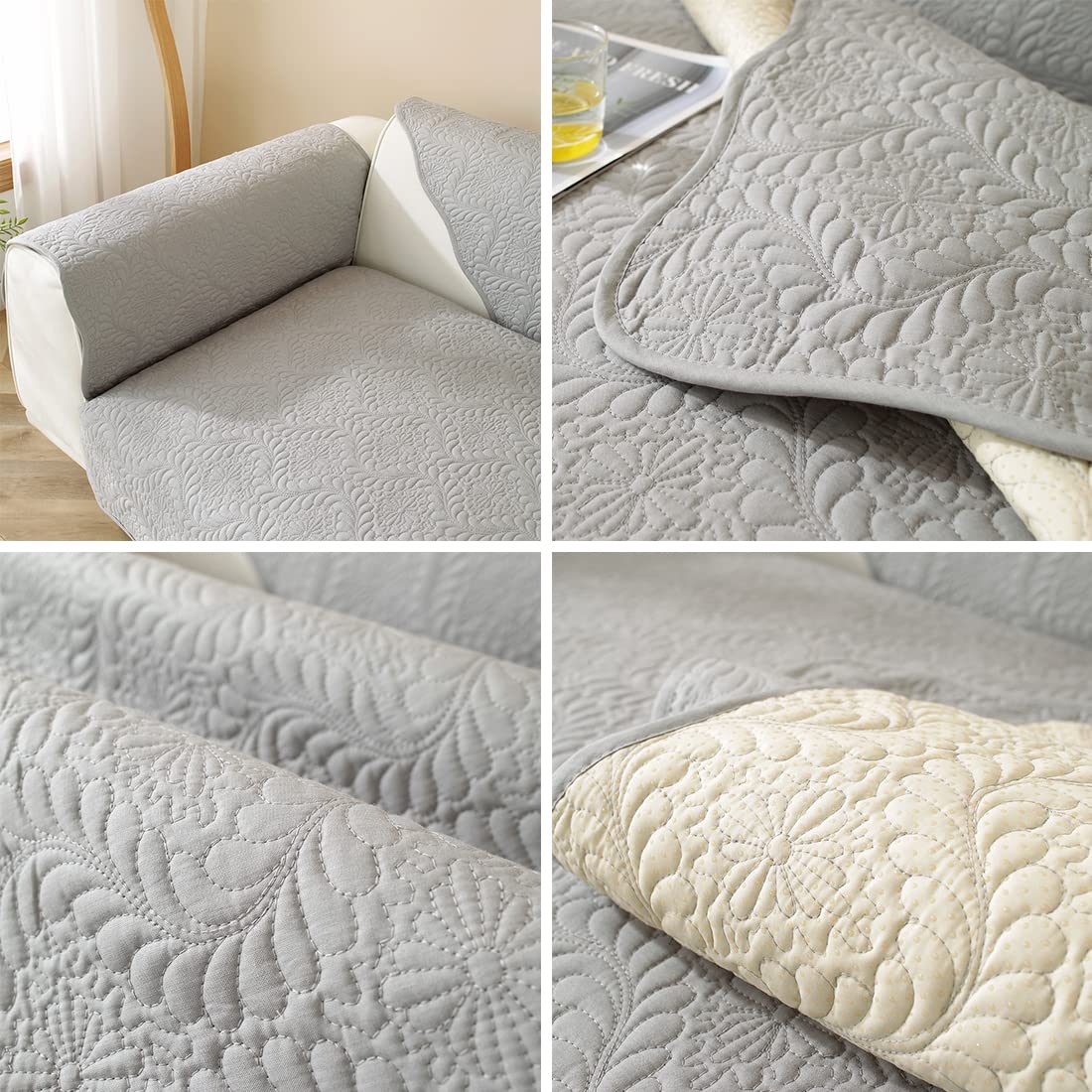VCTOPS Embroidered Cotton Quilted Sofa Cover - Non-Slip Washable Furniture Protector for Sectional Couches, Farmhouse Style (Light Gray, 28