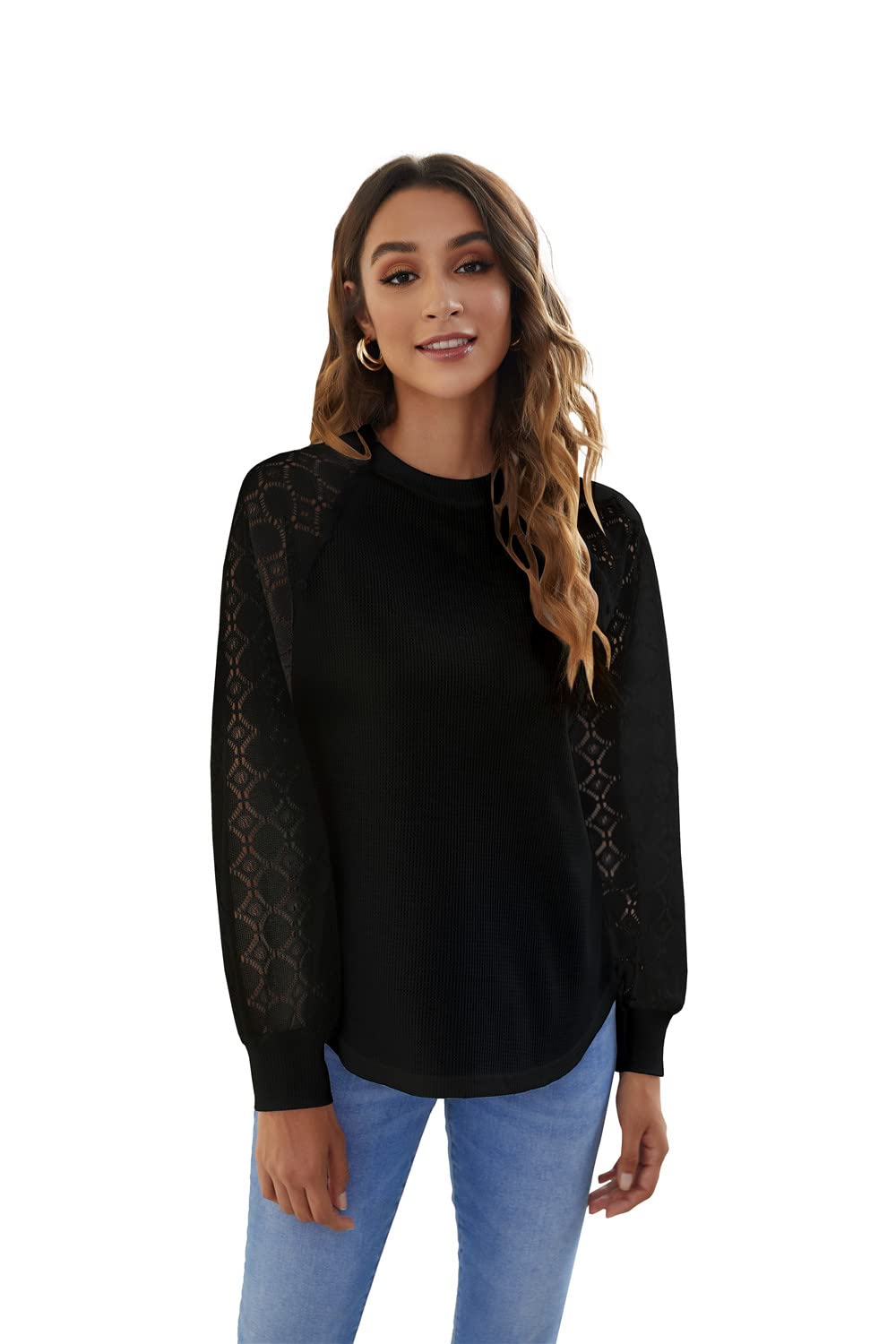 Lace Long Sleeve Tops for Women - Waffle Knit Blouse with Hollow Out Design, Casual Loose Fit T-Shirt - Perfect for Spring Layering, Date Nights & Office Wear