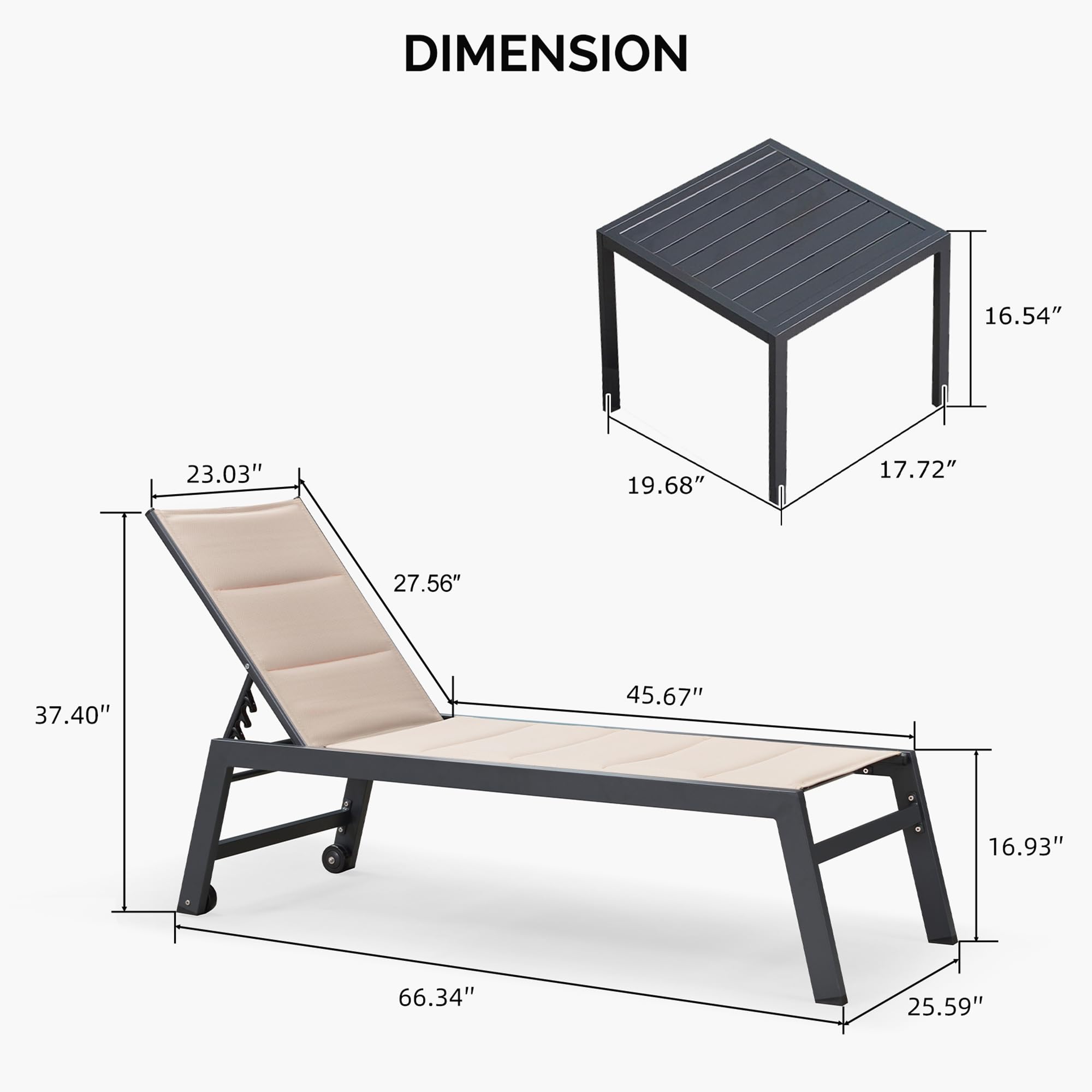 PURPLE LEAF 2-Piece Aluminum Outdoor Chaise Lounge Set with Wheels & Side Table - Beige Patio Chairs for Poolside, Backyard, Garden Relaxation | Durable Weather-Resistant Pool Lounge Furniture