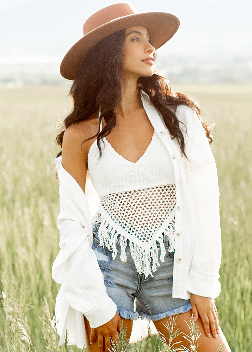 Wrenley Crochet White Top for Women | Boho Summer Beachwear & Casual Outfit | Perfect for Vacations, Music Festivals, and Date Nights