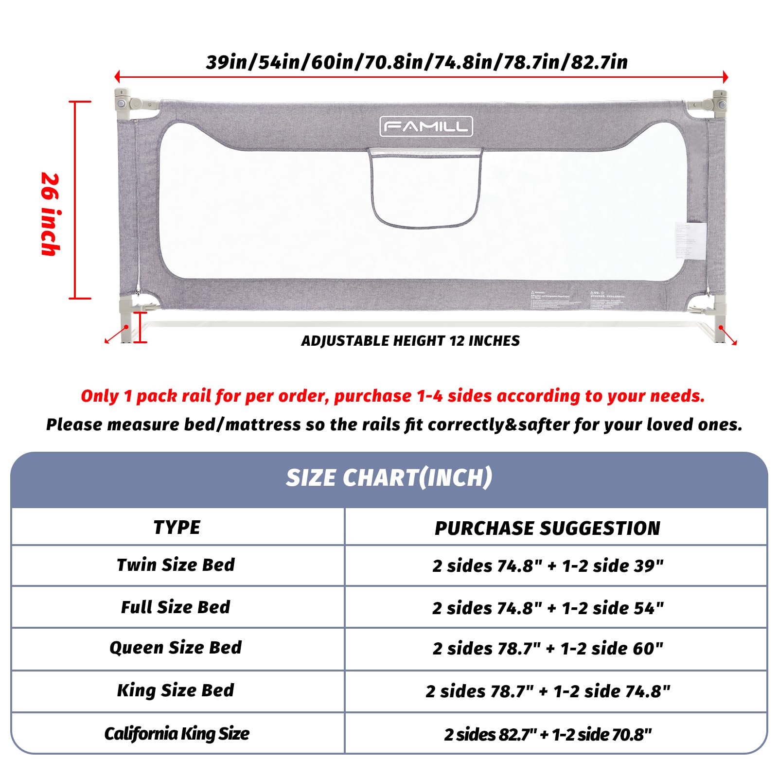 Upgraded FAMILL Bed Rail for Toddlers & Kids - Safety Guard for Queen, King, Full & Twin Size Beds - Sturdy U-Shape Base - 39