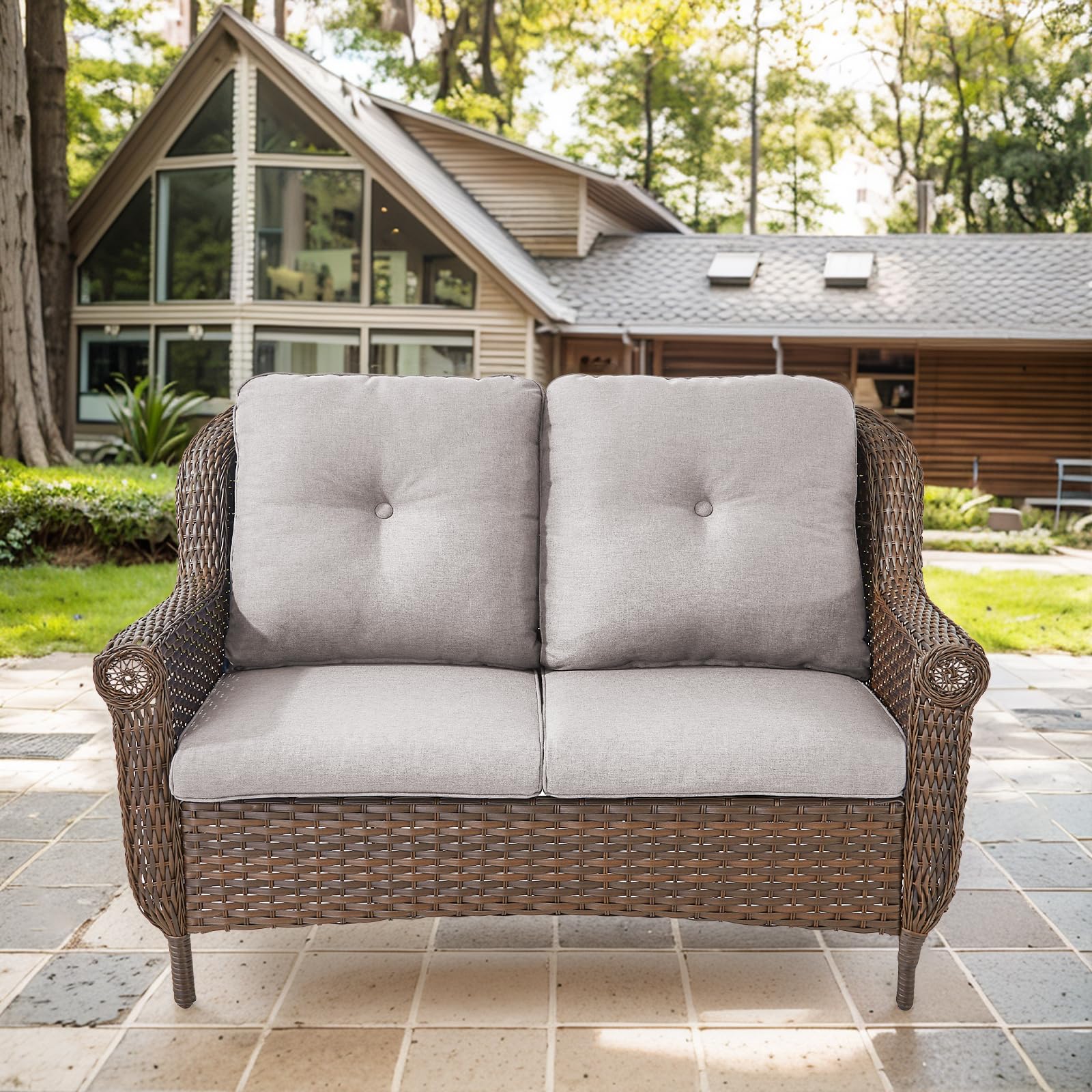 Brown Rattan Patio Loveseat with Water-Resistant Beige Cushions & Chrysanthemum Armrests - Outdoor Wicker Sofa for Garden, Balcony, Backyard & Poolside Relaxation (1PC) - Perfect for Lounging, Sunbathing & Entertaining Guests