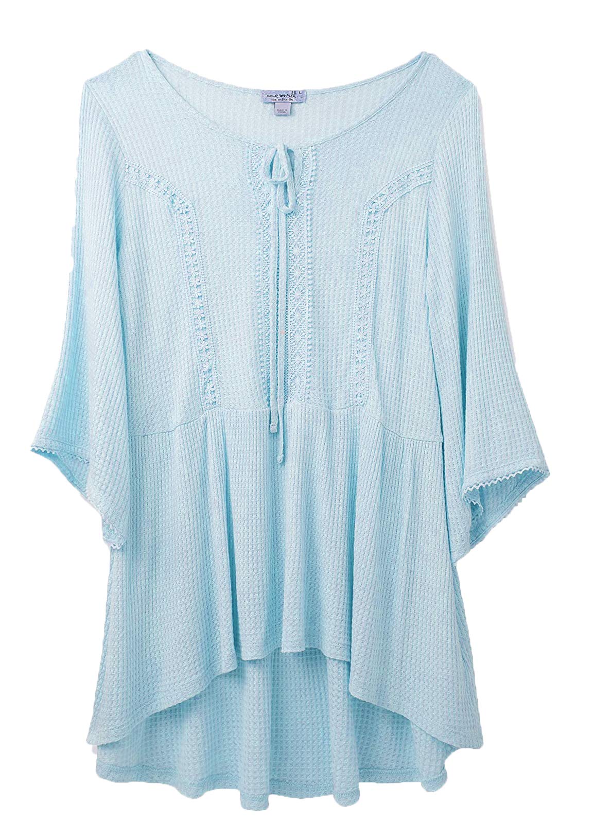 OneWorld Women's Petite Bell Sleeve Waffle Knit Tunic Top with Lace Trim - Casual Fall Layering Piece for Work & Weekend Outfits