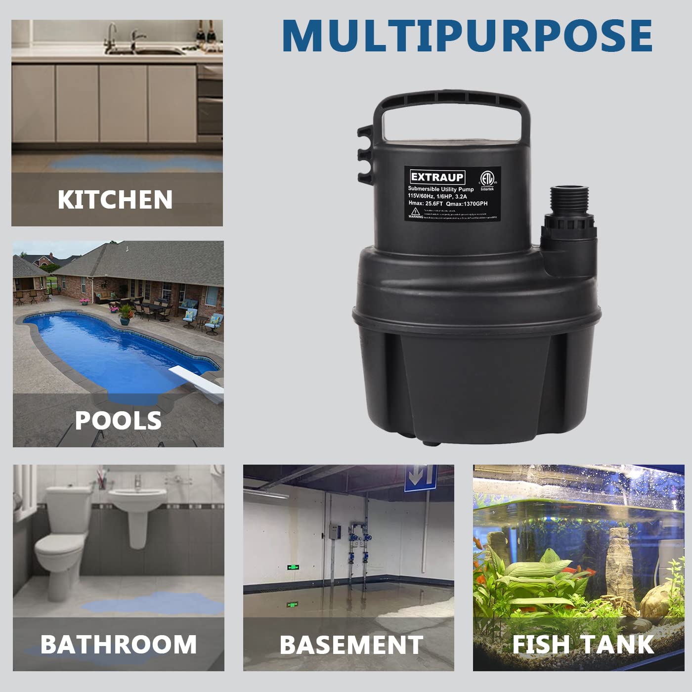 1/6 HP 1370GPH Portable Submersible Utility Pump - Low Suction Electric Water Pump for Clean Pool Cover, Basement Flood Drainage & Water Transfer - Black (Ideal for Home, Garden, and Emergency Flood Control)