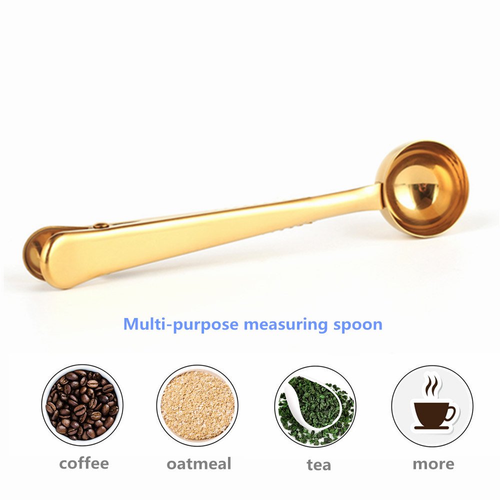 Premium Stainless Steel Coffee Scoop with Golden Finish - Multi-Purpose Measuring Spoon for Coffee, Tea, Protein Powder & Instant Drinks - Includes Bag Clip - Ideal for Home Brewing, Barista Use & Kitchen Organization