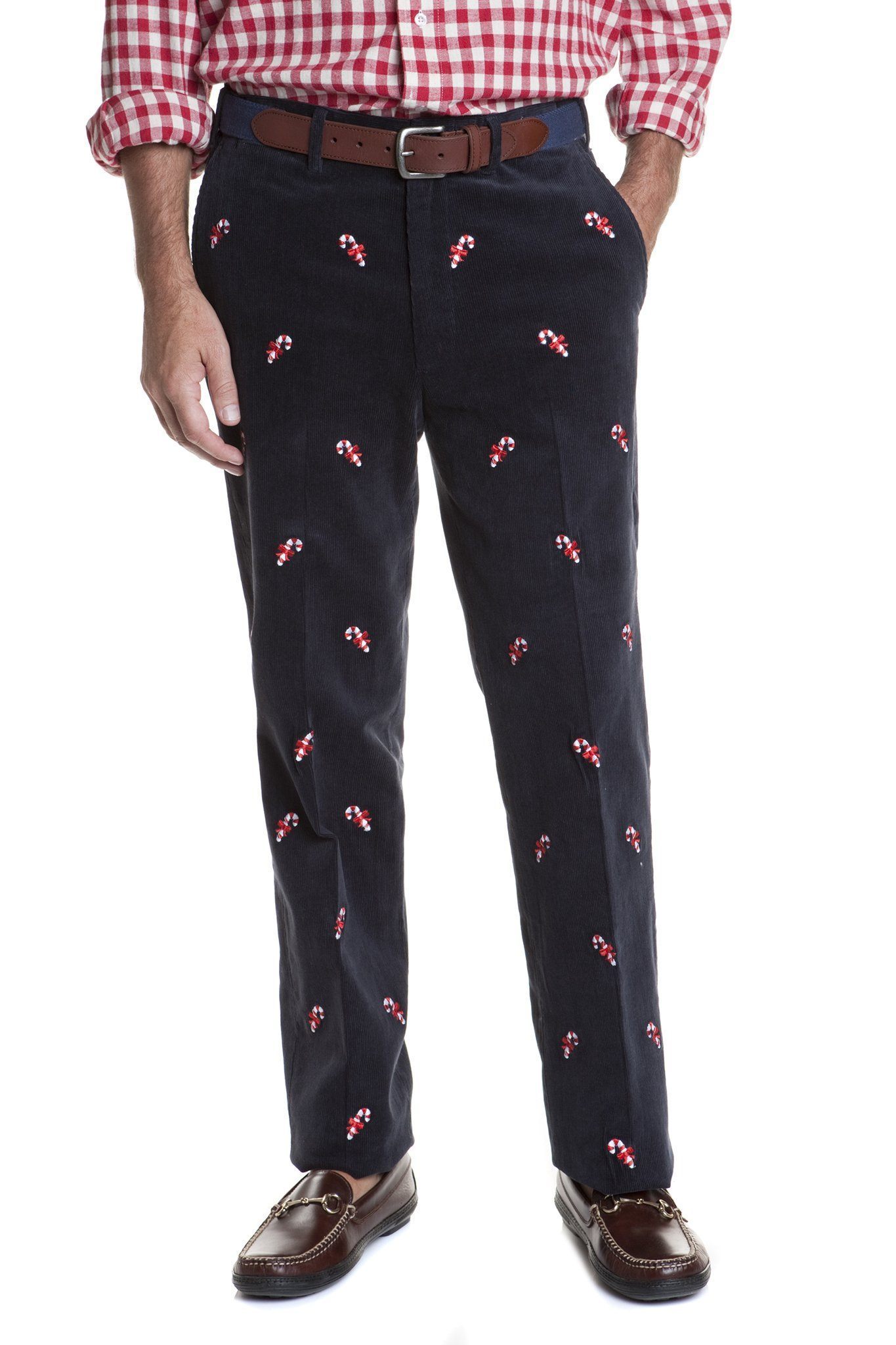 Beachcomber Corduroy Pants for Women - Nantucket Navy with Candy Cane Stripes | Casual Winter Trousers for Holiday Outfits & Christmas Parties