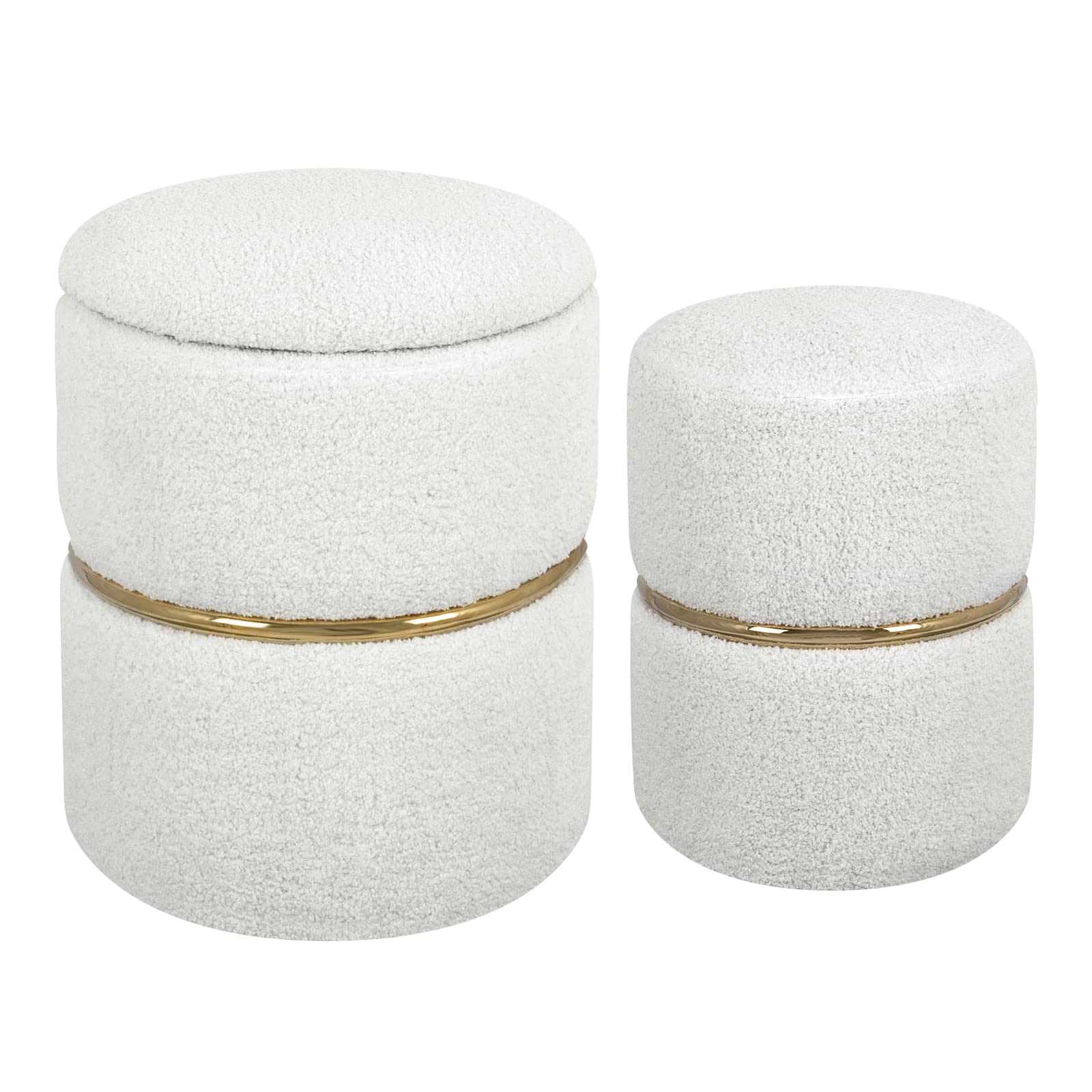 Luxury Faux Fur Round Storage Ottoman with Gold Metal Hoop - Upholstered Vanity Stool & Foot Rest, Pack of 2 - Perfect for Living Room, Bedroom & Entryway - Multi-Functional Coffee Table & Seating Solution for Home Decor