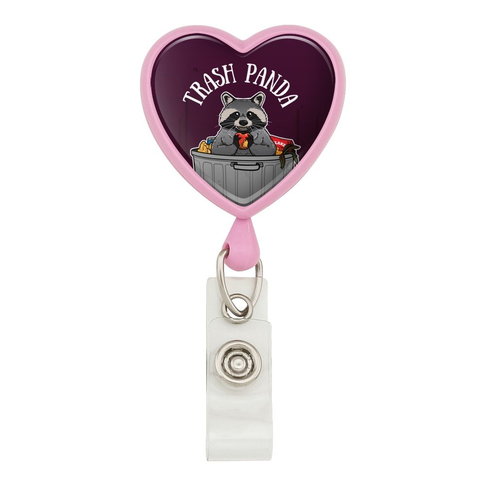 Raccoon Trash Panda Garbage Heart Lanyard - Retractable Reel Badge ID Card Holder (Pink) for Office, School, Events & Conventions