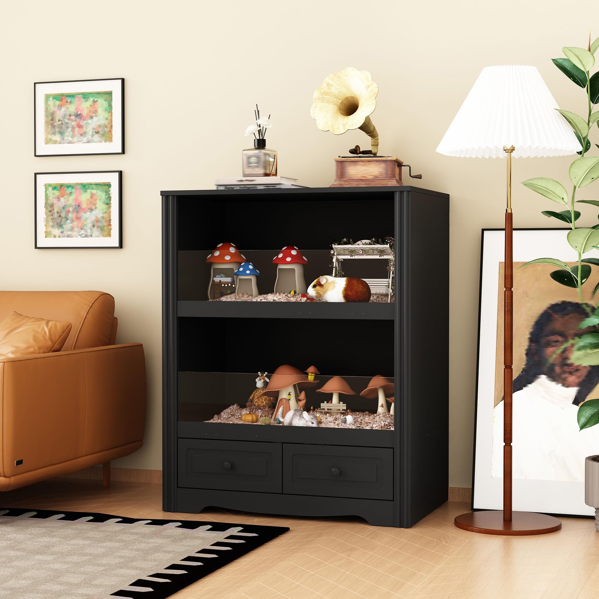 Premium Guinea Pig Cage & Small Animal Habitat - 2-Tier Hamster Cage with Large Drawers | Durable Critter Nation Style Enclosure for Rabbits, Ferrets & Rodents | Perfect for Pet Observation & Home Decor (Black)