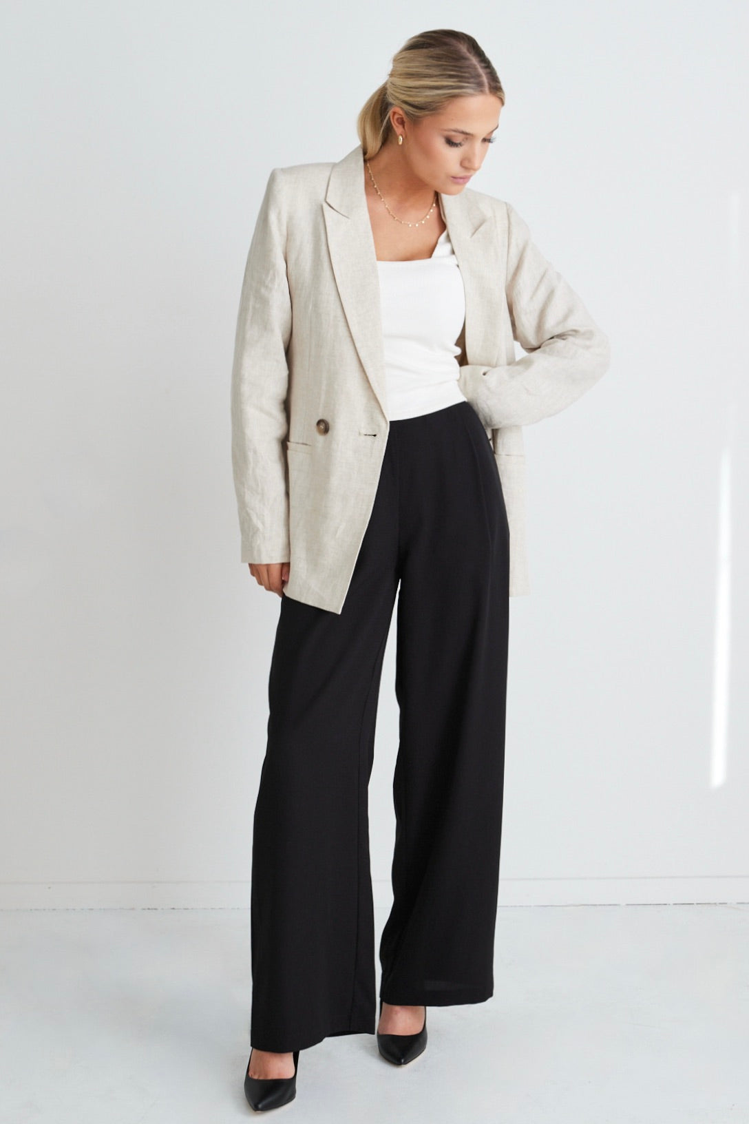 Eco-Friendly Black Stretch Wide Leg Pants - Recycled Fabric High Waist Trousers for Women | Perfect for Office, Casual Wear & Travel