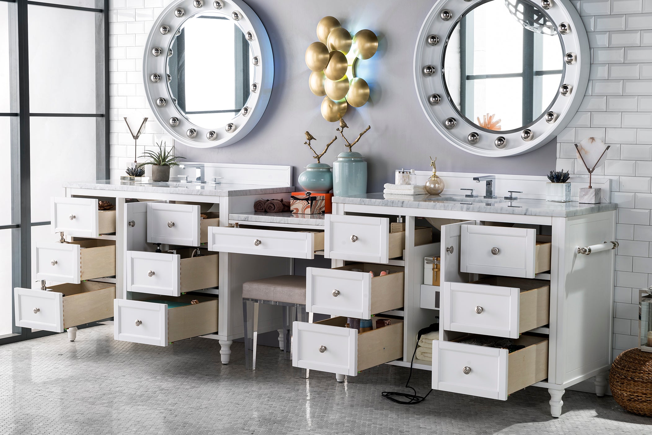 Copper Cove Encore 122 Double Vanity Set with Makeup Table - Bright White Finish & 3CM Carrara Marble Top | Perfect for Master Bathroom Remodel & Luxury Home Decor
