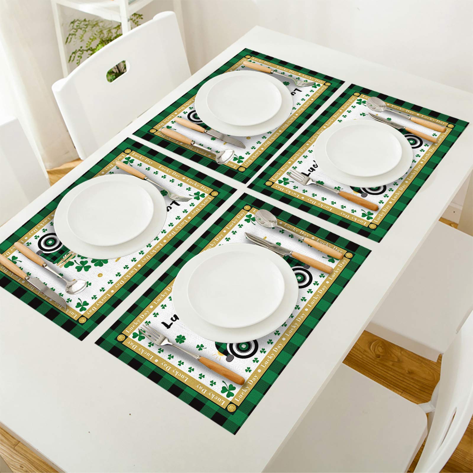 Stylish Green Plaid Truck with Lucky Clovers St. Patrick's Day Placemats - Set of 4, Thermal Insulated & Non-Slip Washable Dining Table Mats for Kitchen Decor, Perfect for Holiday Parties & Everyday Use