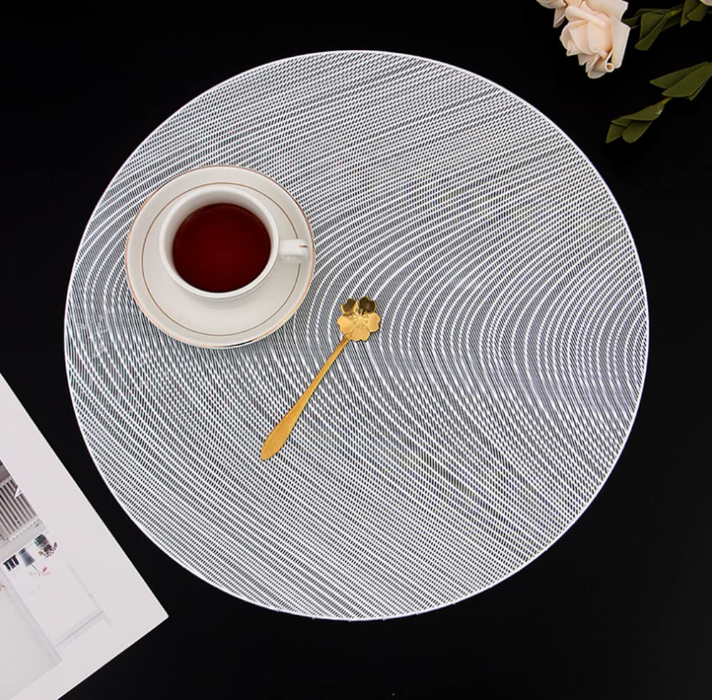 4 Pack Round PVC Placemats - Waterproof, Oilproof, Stain Resistant Table Mats for Dining, Kitchen, Party (Silver) | Perfect for Everyday Meals, Entertaining Guests & Holiday Decor