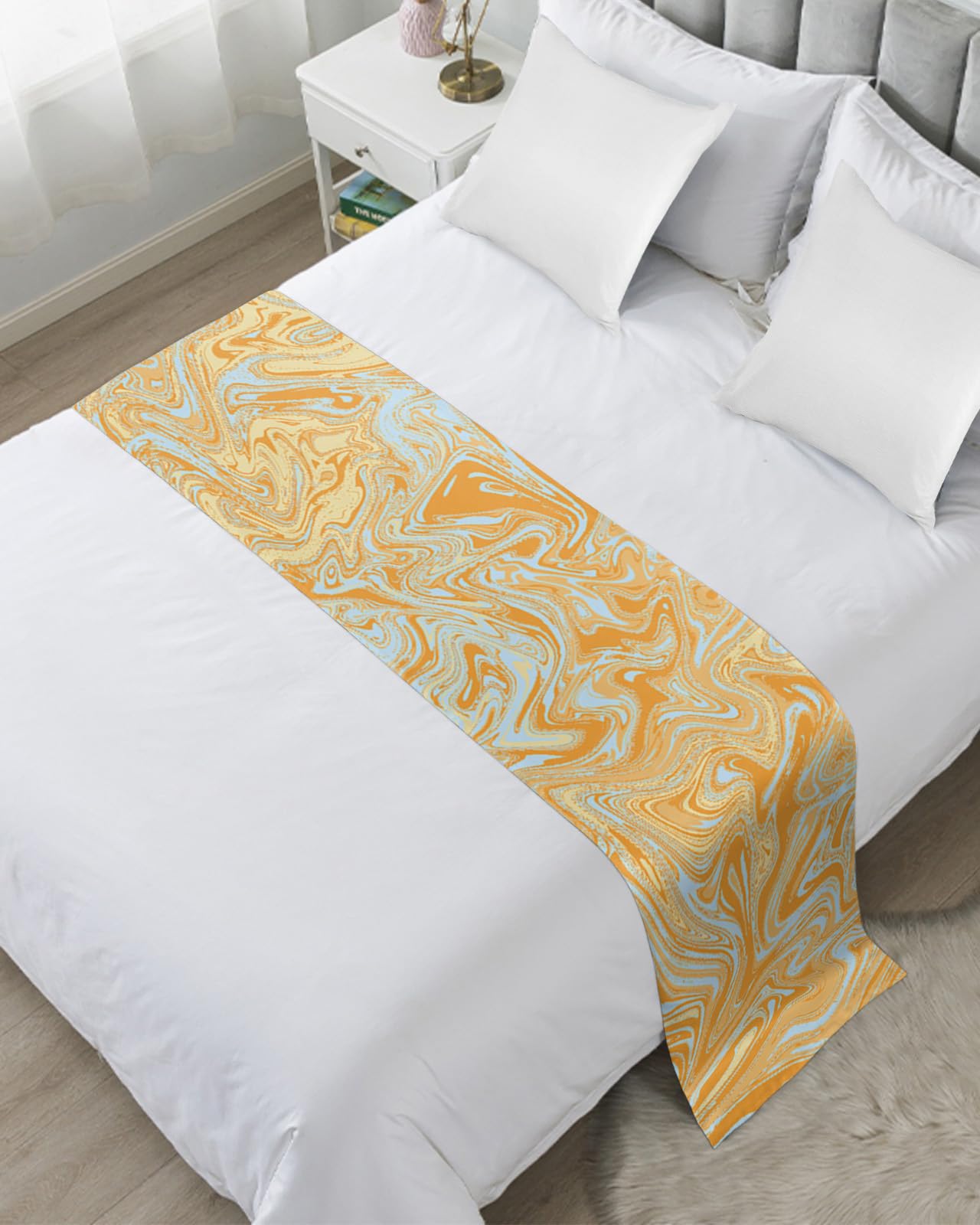Luxury Yellow Teal Bed Runner for Queen Size Bed - Modern Irregular Geometric Abstract Art Bed Scarf Throw (83 x 20 Inch) | Elegant Foot of Bed Cover for Home & Hotel Decor | Perfect for Bedroom Styling & Protecting Mattress