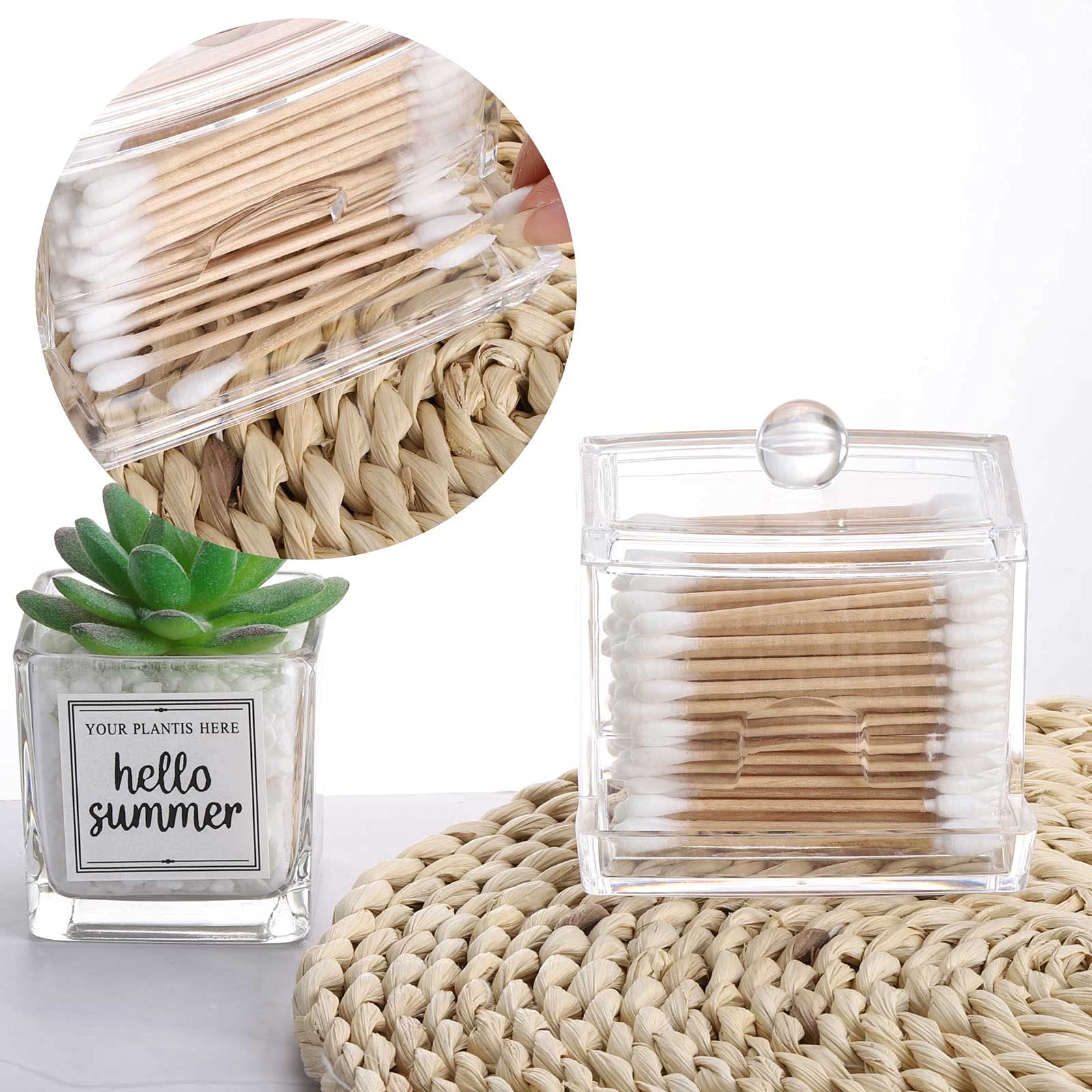 Tbestmax 10oz Clear Q-Tip Holder Dispenser - Bathroom Organizer for Cotton Swabs, Cotton Balls & Dental Floss - Stylish Apothecary Jar Storage Solution for Countertop, Vanity & Medicine Cabinet Decor