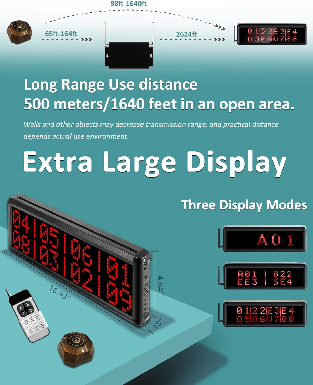 Wireless Restaurant Pager System - 1600+ Feet Range with Display Screen, Remote Control & 2 Waterproof Pagers (15 Call Buttons) for Efficient Customer Service in Restaurants, Cafes, and Hotels