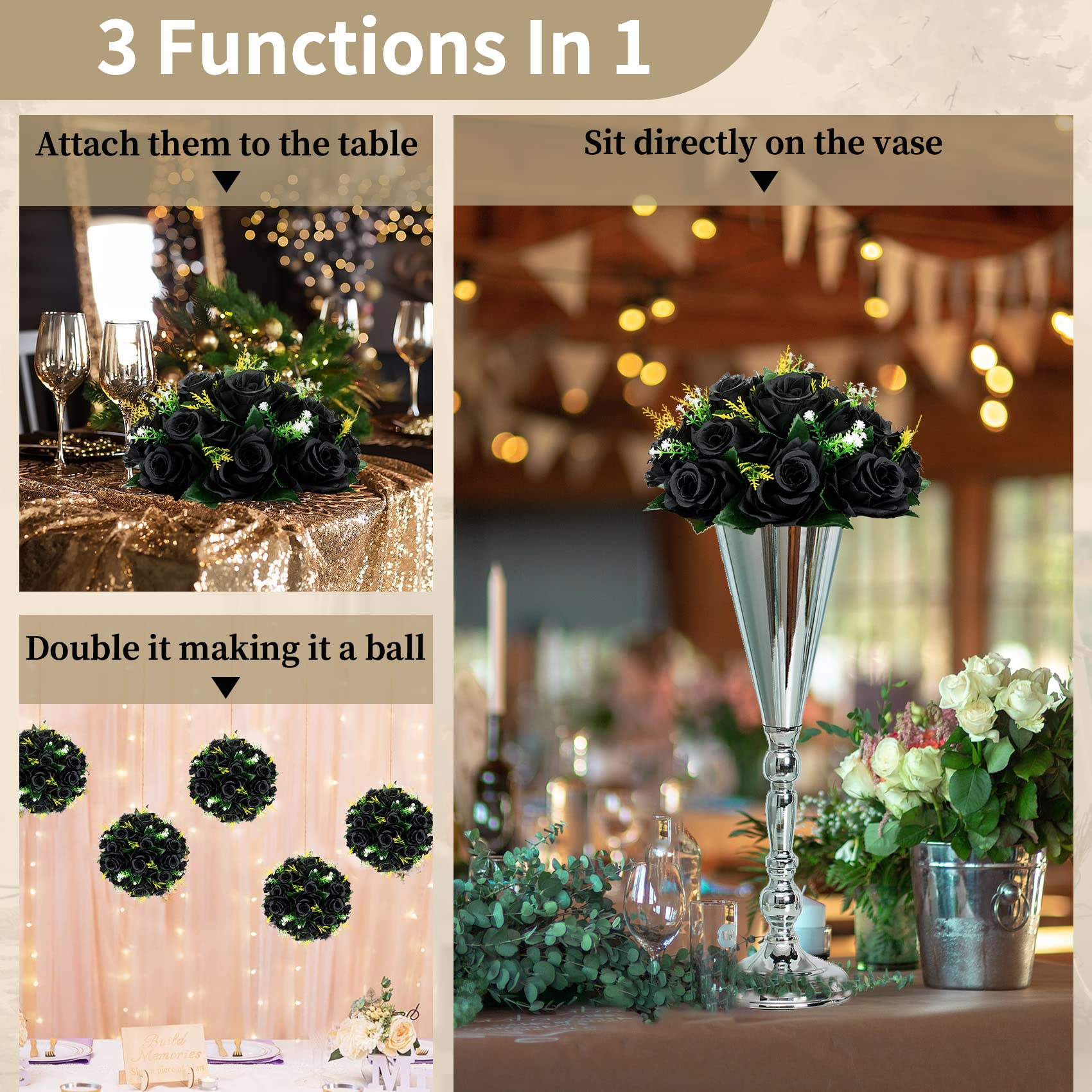 NUPTIO Black Roses Artificial Flowers - 2 Pcs Fake Flower Bouquet with Hydrangea, 15 Heads Realistic Fake Roses with Base - Perfect for Home Decor, Wedding Centerpieces & Gothic Themed Events
