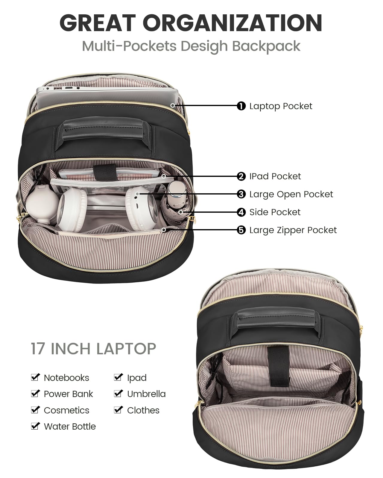 LOVEVOOK Women's 17-inch Laptop Backpack - Stylish Travel Computer Bag for College Students, Teens & Outdoor Hiking, Durable Carry-On Backpack Purse in Black for Work, School & Daily Commute