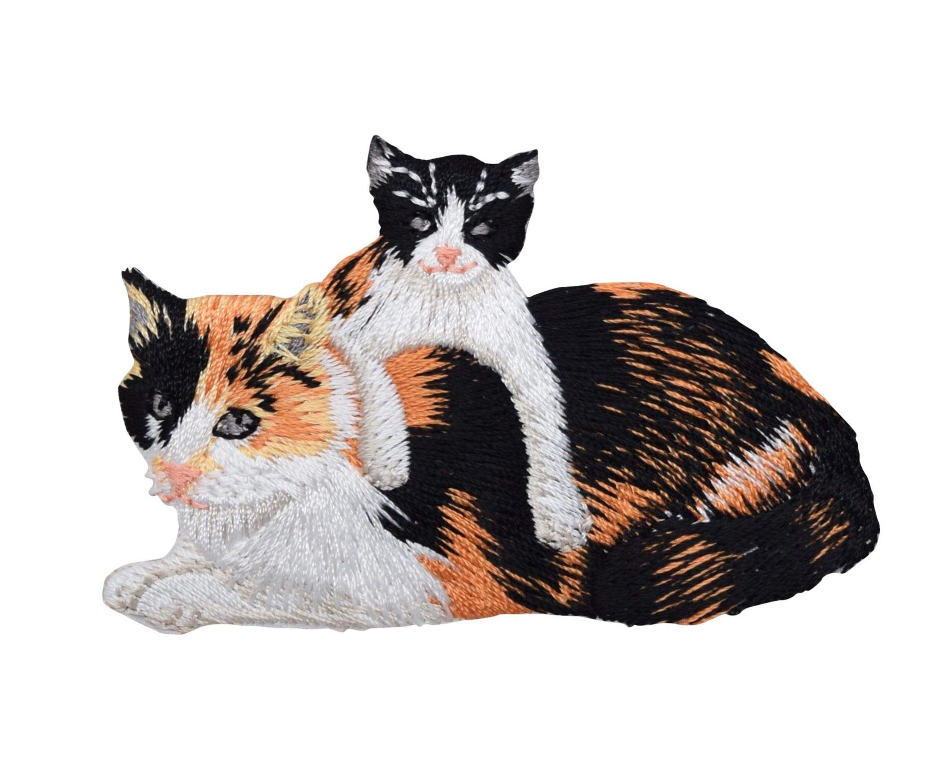 Calico Cat Embroidered Iron-On Patch for Mother & Kitten - Cute Pet Applique for Clothing, Bags & DIY Crafts