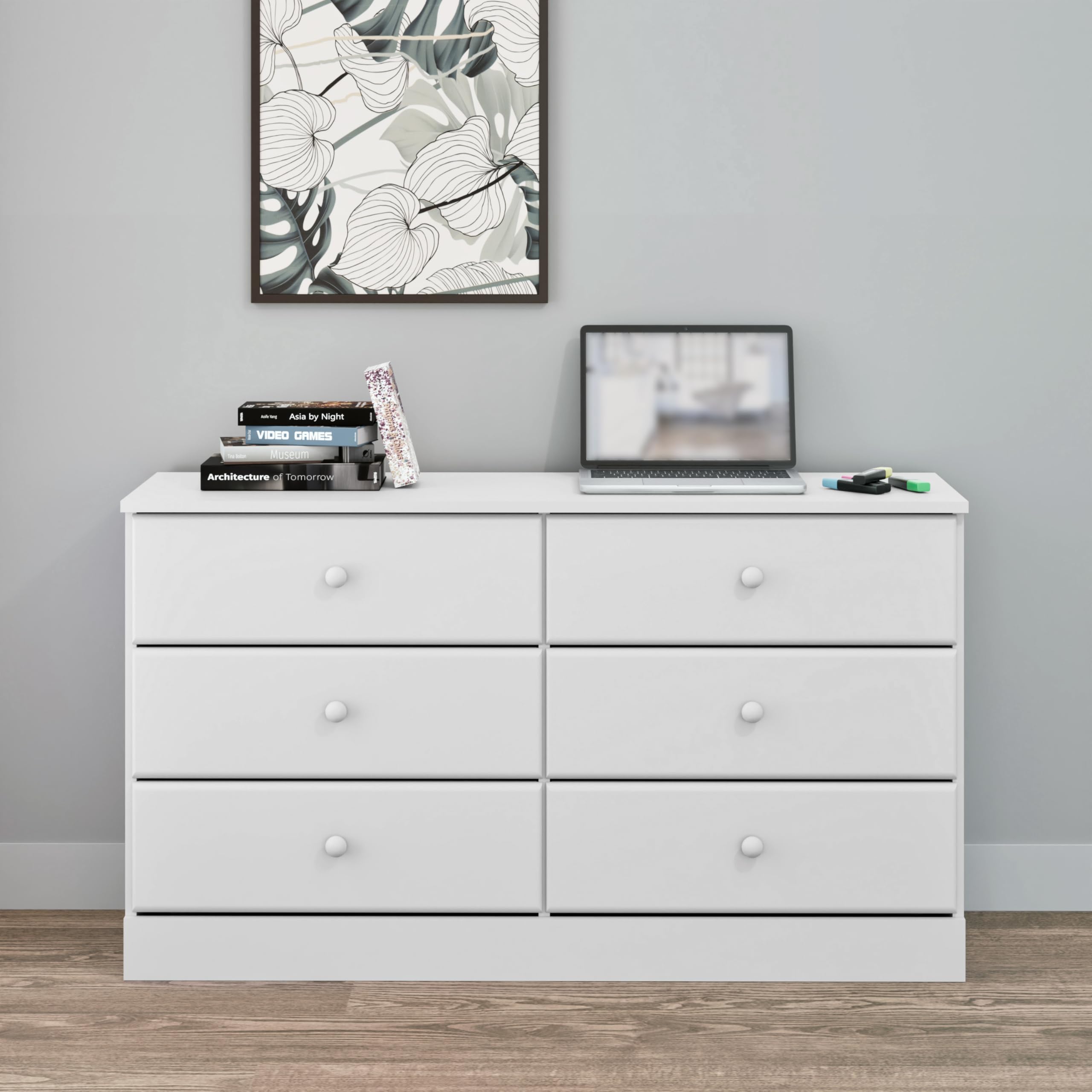 Prepac Astrid 6-Drawer Dresser in White - Modern Bedroom Storage Furniture for Clothes & Accessories Organization | Perfect for Home, Apartment & Dorm Room Decor