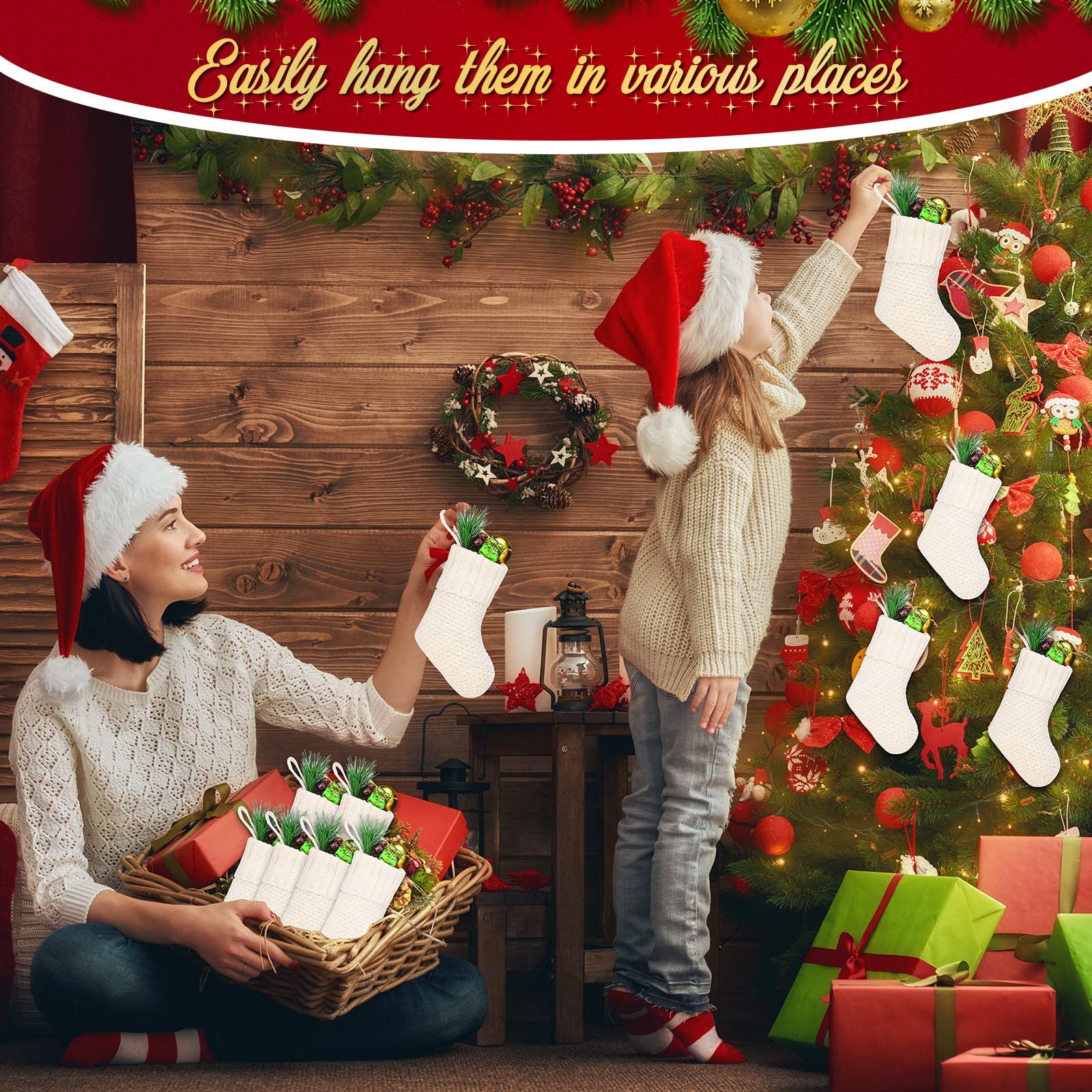 Zubebe 24-Piece 7-Inch Knit Christmas Stockings Set - Rustic Farmhouse Cable Knit Mini Stocking Decorations for Xmas Tree Hanging, Holiday Mantel Decor, Gift Exchange & Party Favors (Ivory)